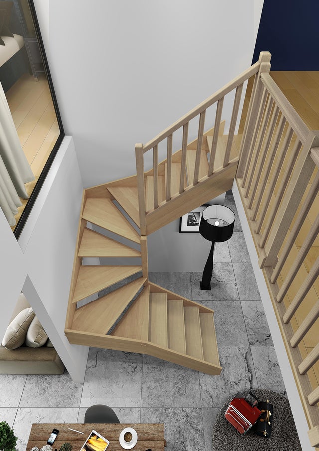 Escalier 2/4 tournant milieu hêtre Soft Classic SCM 14marches, rampe à droite