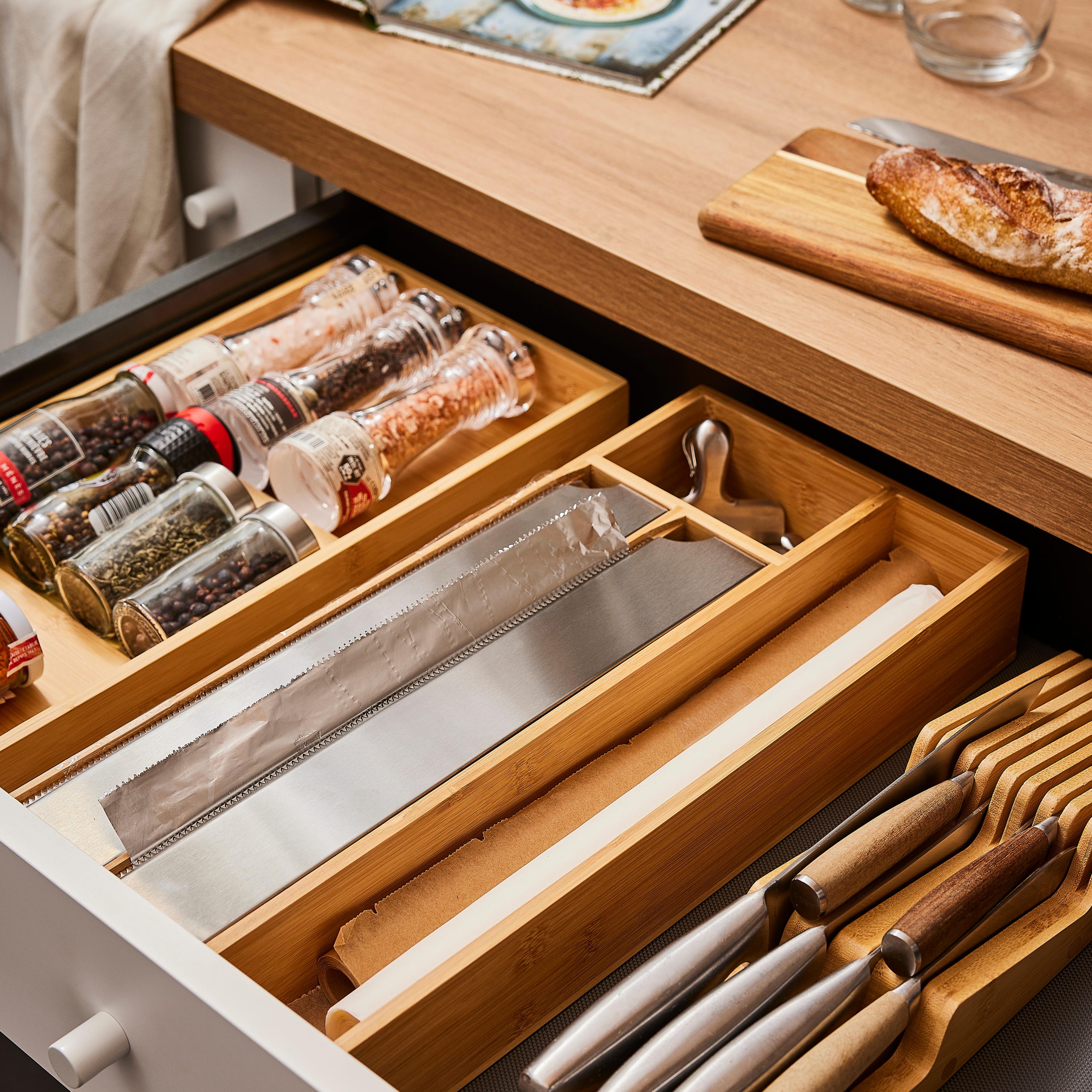 Distributeur Papier Aluminium Et Film Plastique En Bambou 2 En 1 - Organisateur Cuisine