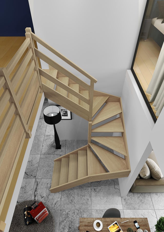 Escalier 2/4 tournant milieu hêtre Soft Wood SCM 14 marches, rampe à gauche