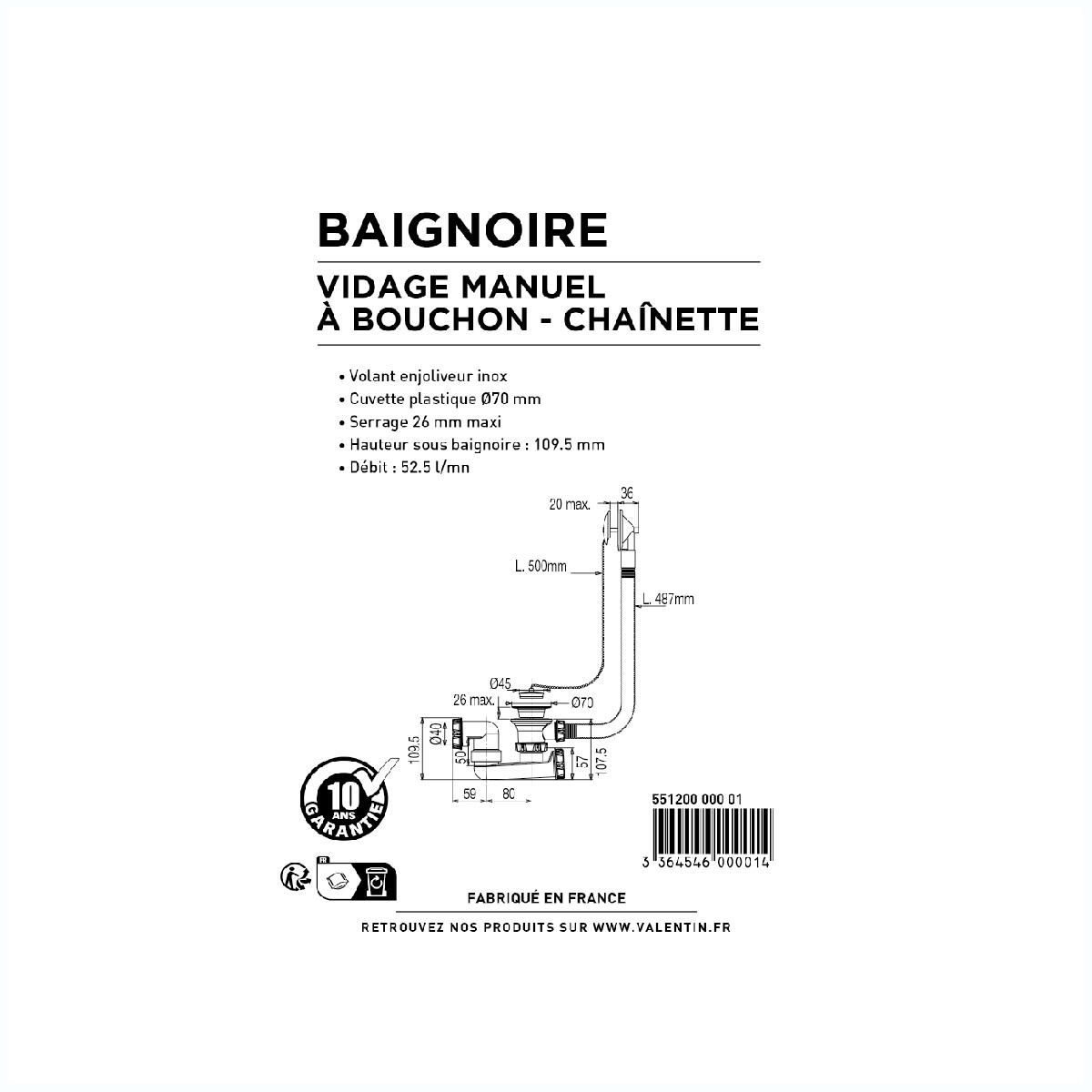 Vidage pour baignoire, Diam.70 mm, VALENTIN - 3