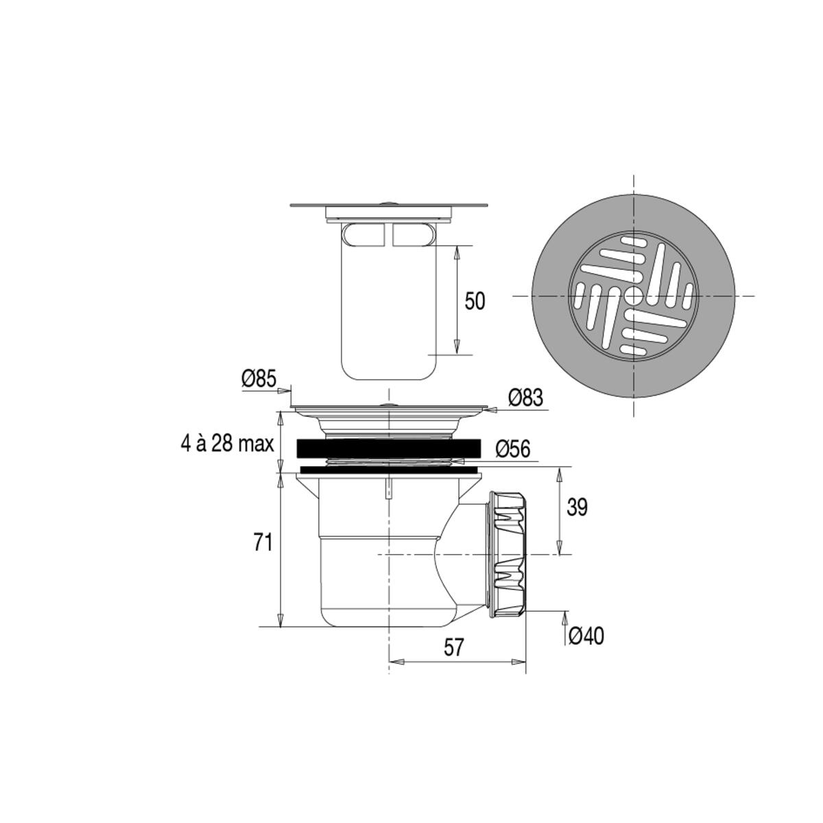 Bonde écoulement libre pour pour bac de douche recyclé, noir, Diam.60 mm, VALENT - 2