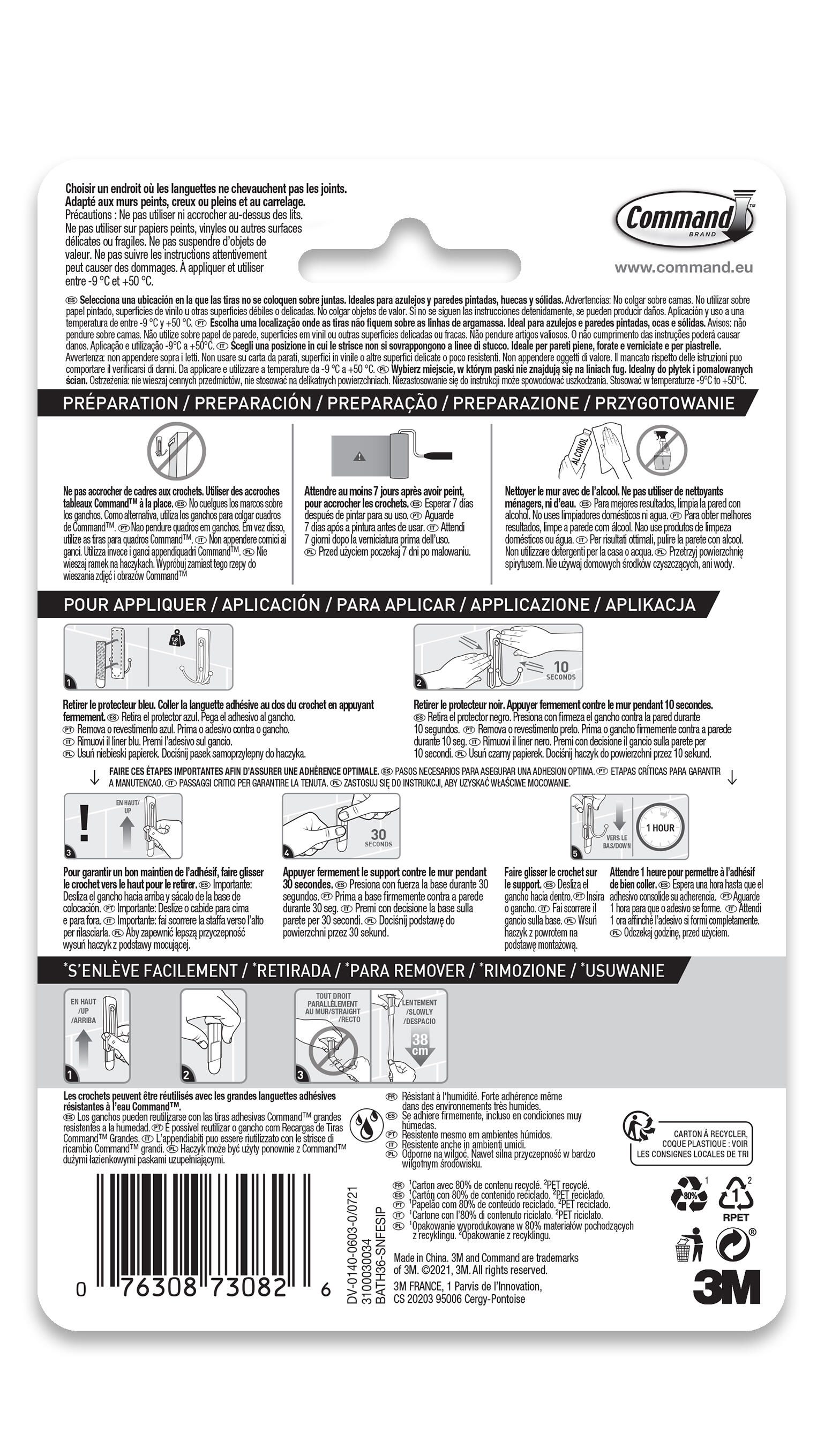 Crochet adhésif 2 têtes nickel satiné Résistant à l'humidité COMMAND - 6