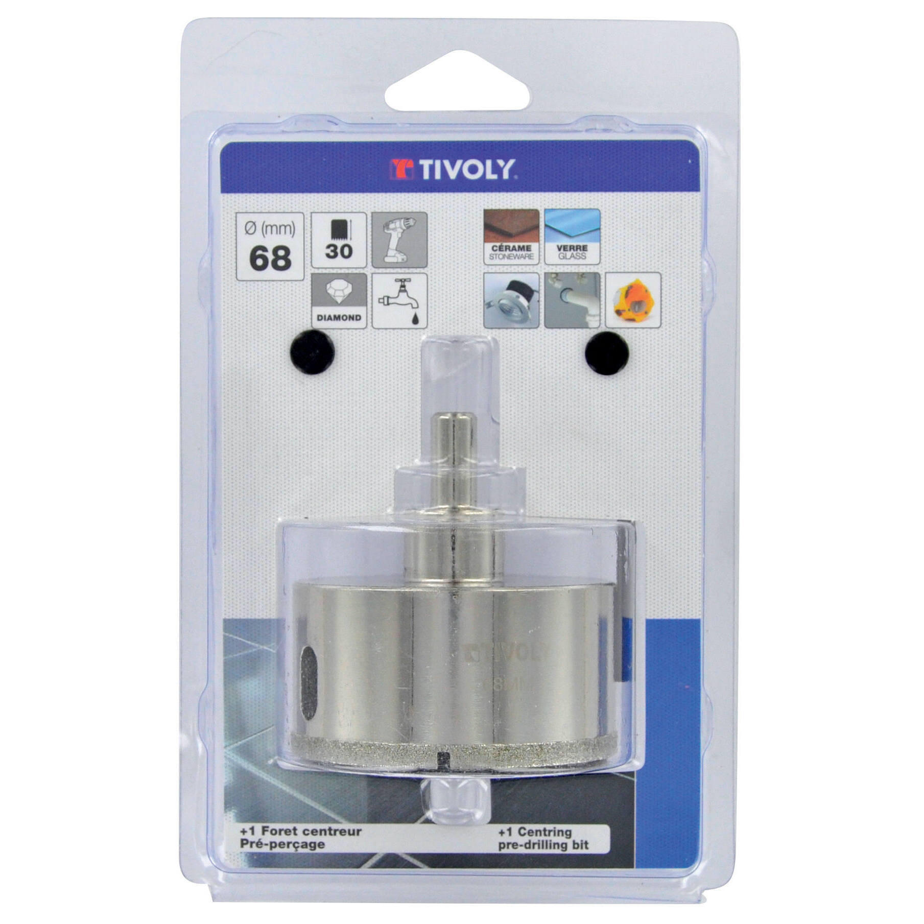 Scie Cloche Diamant Tivoly 68mm - Perçage à Sec Carrelage Grès Cérame Queue Hexagonale
