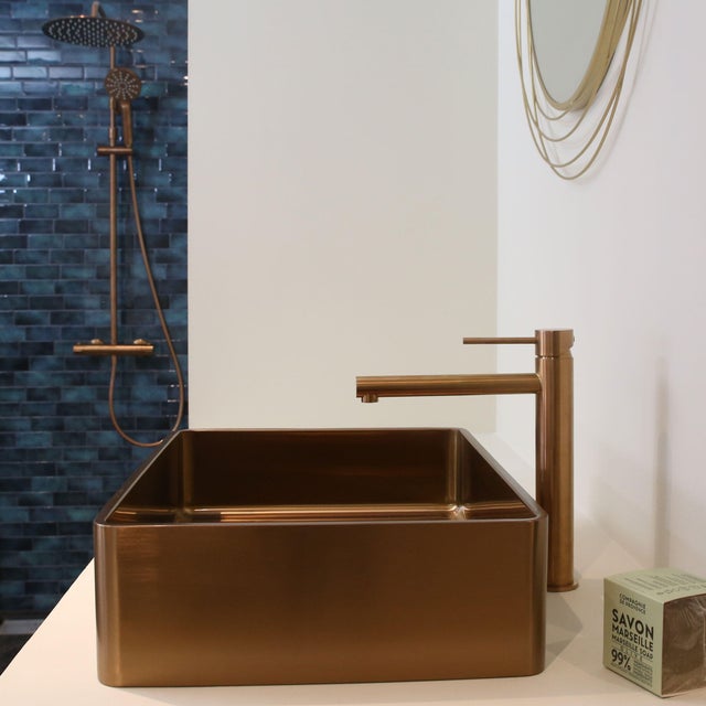 Mitigeur de lavabo cuivre brossé XL, bonde incluse, Envol, ESSEBAGNO