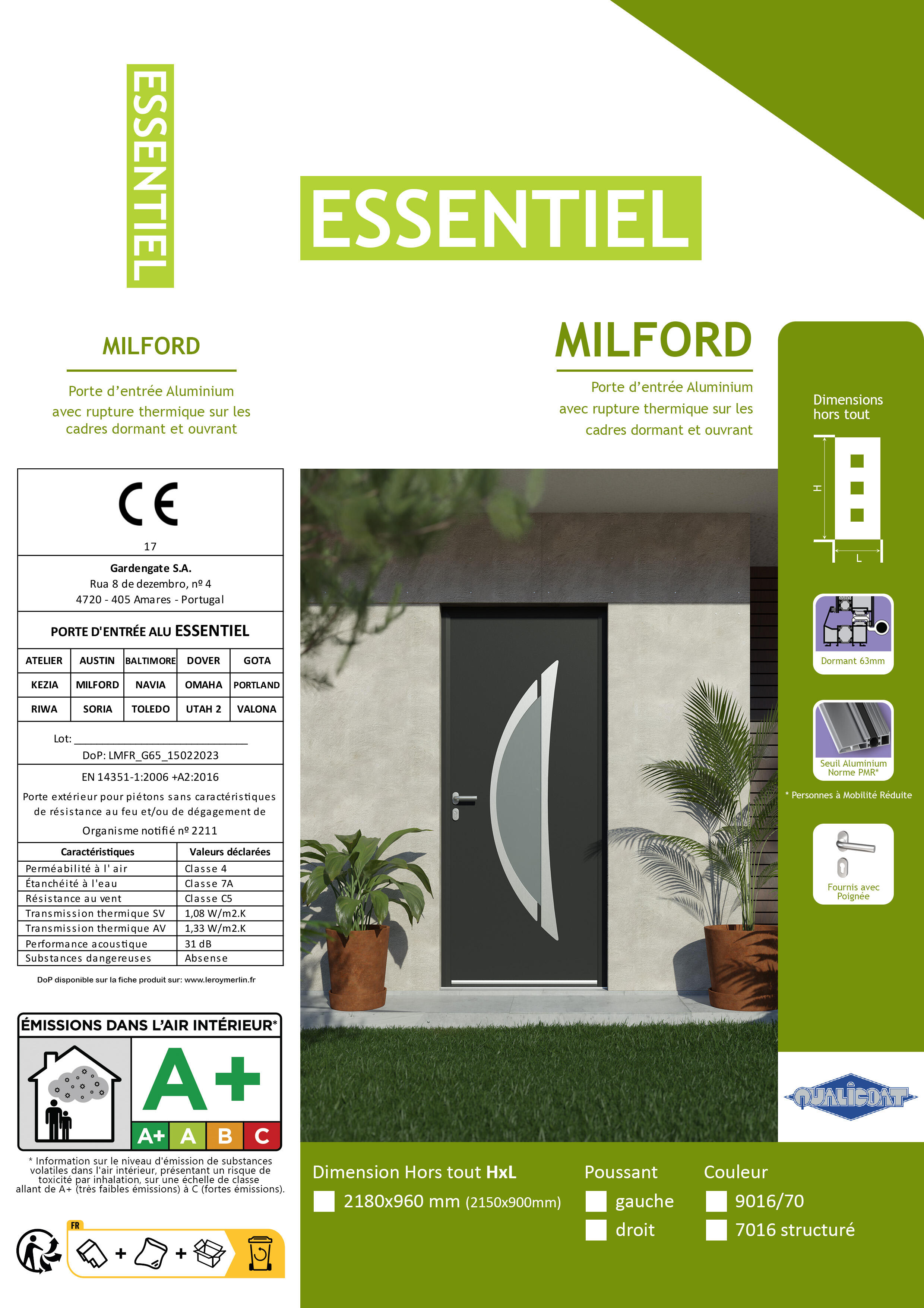 Porte d'entrée Alu Milford Essentiel H.215xl.90 gris, poussant gauche - 3