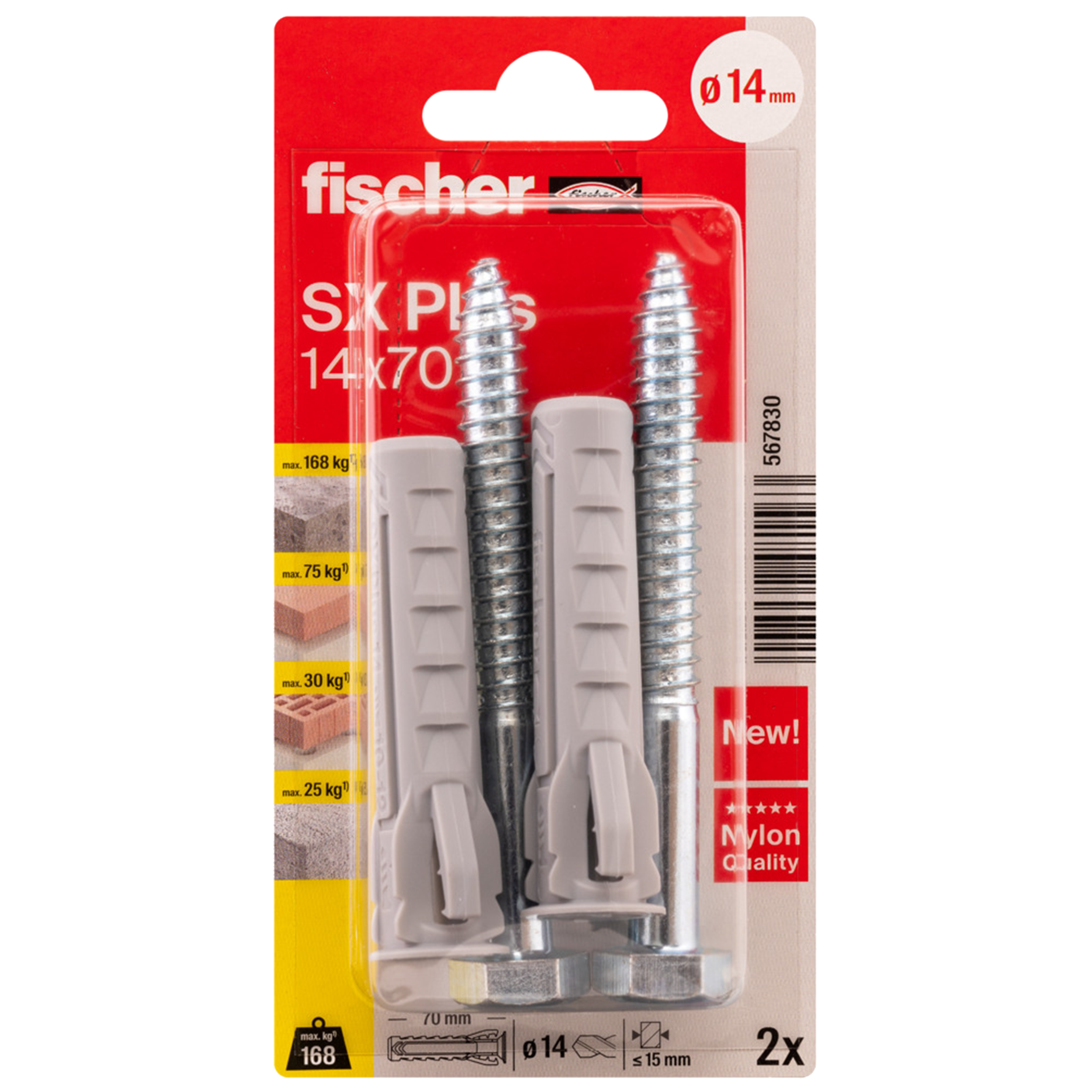 Kołek rozporowy SX Plus S z wkrętem 14 x 70 mm 2 szt. Fischer