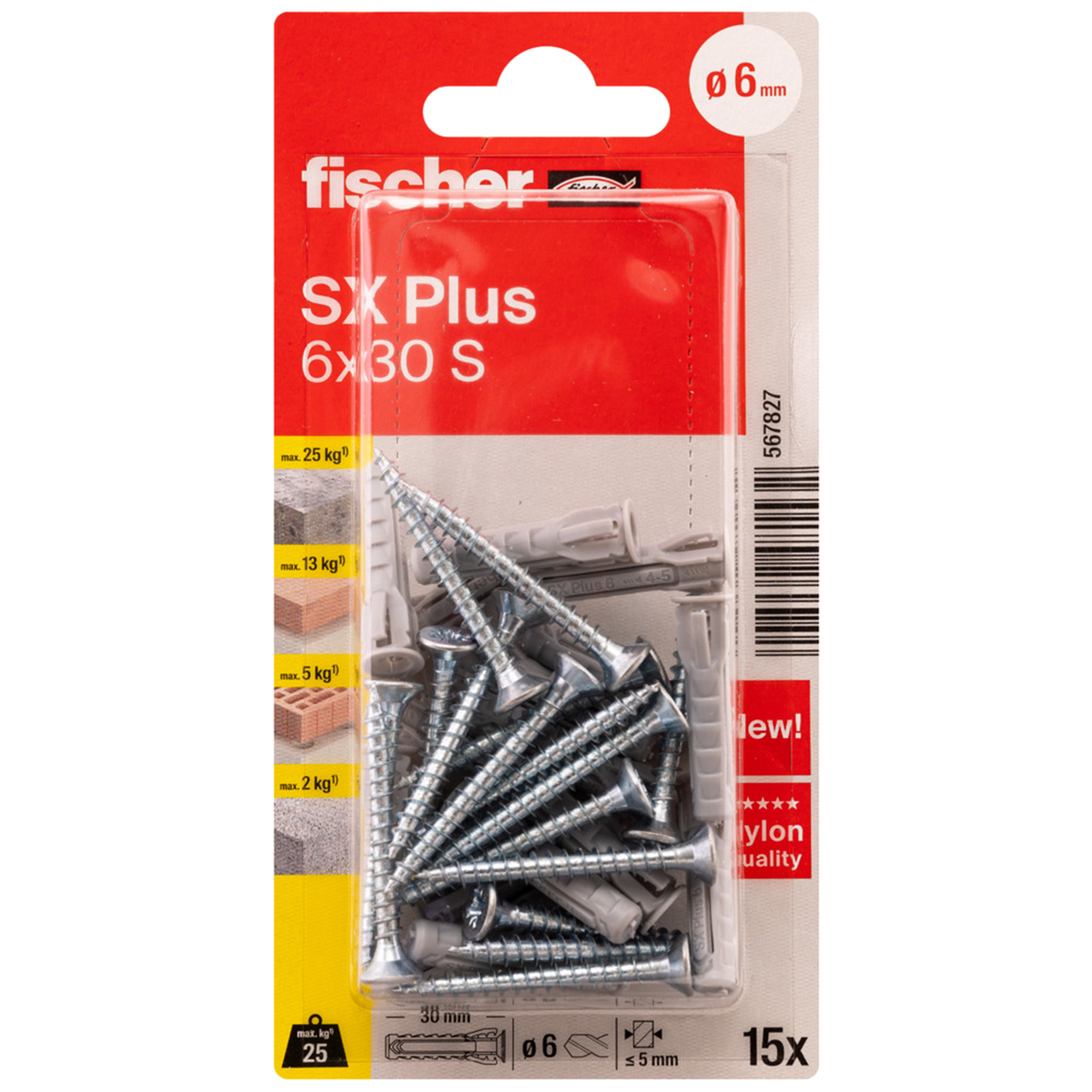 Kołek rozporowy SX Plus S z wkrętem 6 x 30 mm 15 szt. Fischer