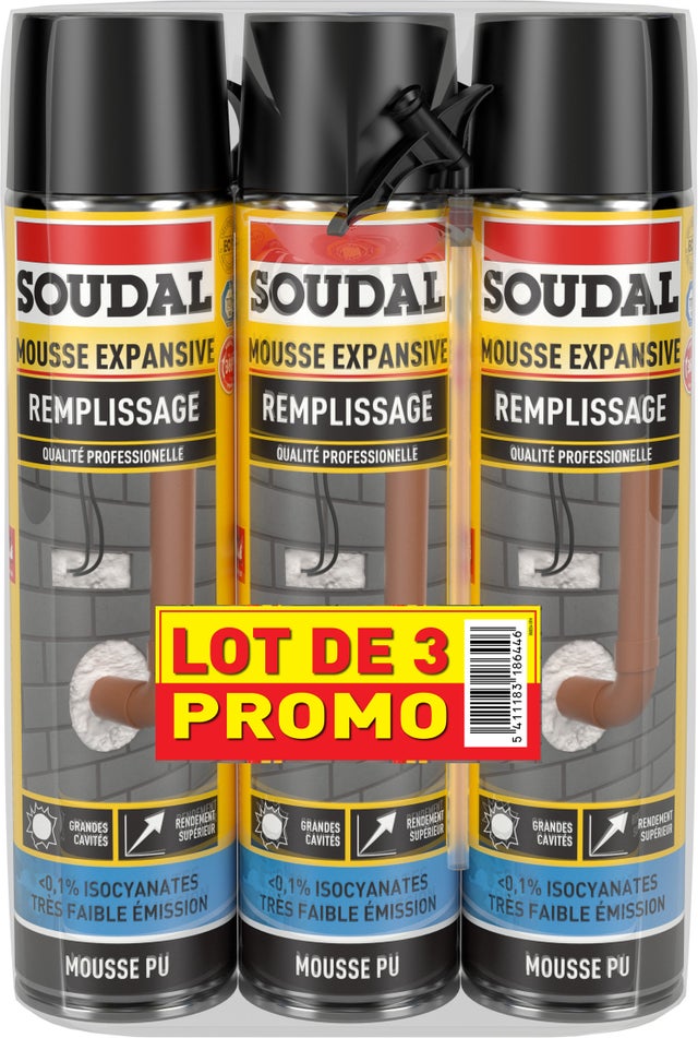 Lot de 3 mousses expansives PU, SOUDAL, 430 ml