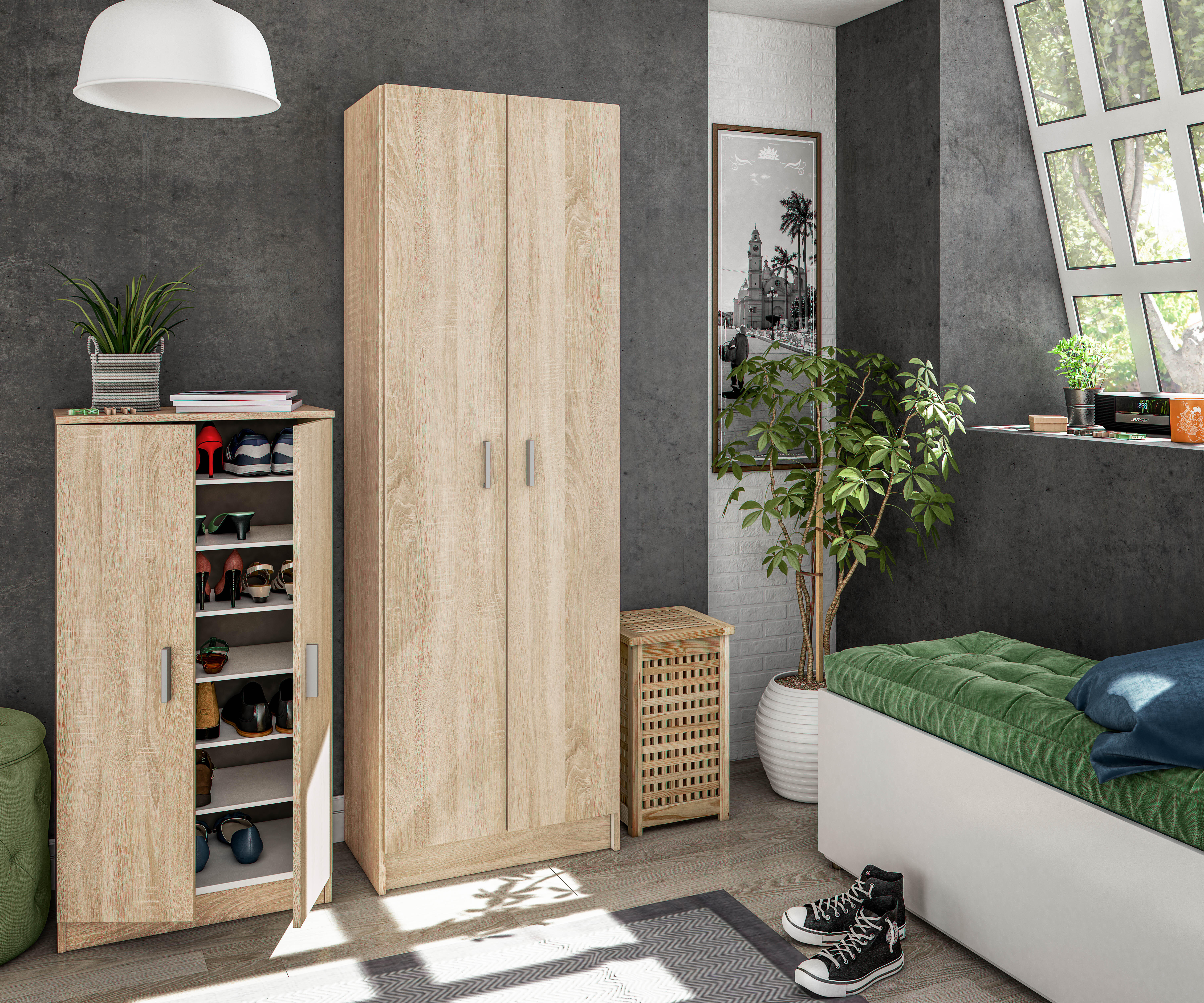 Zapatero Milo con 2 compartimentos para 21 pares en melamina color roble natural 55x108x36 cm - 7