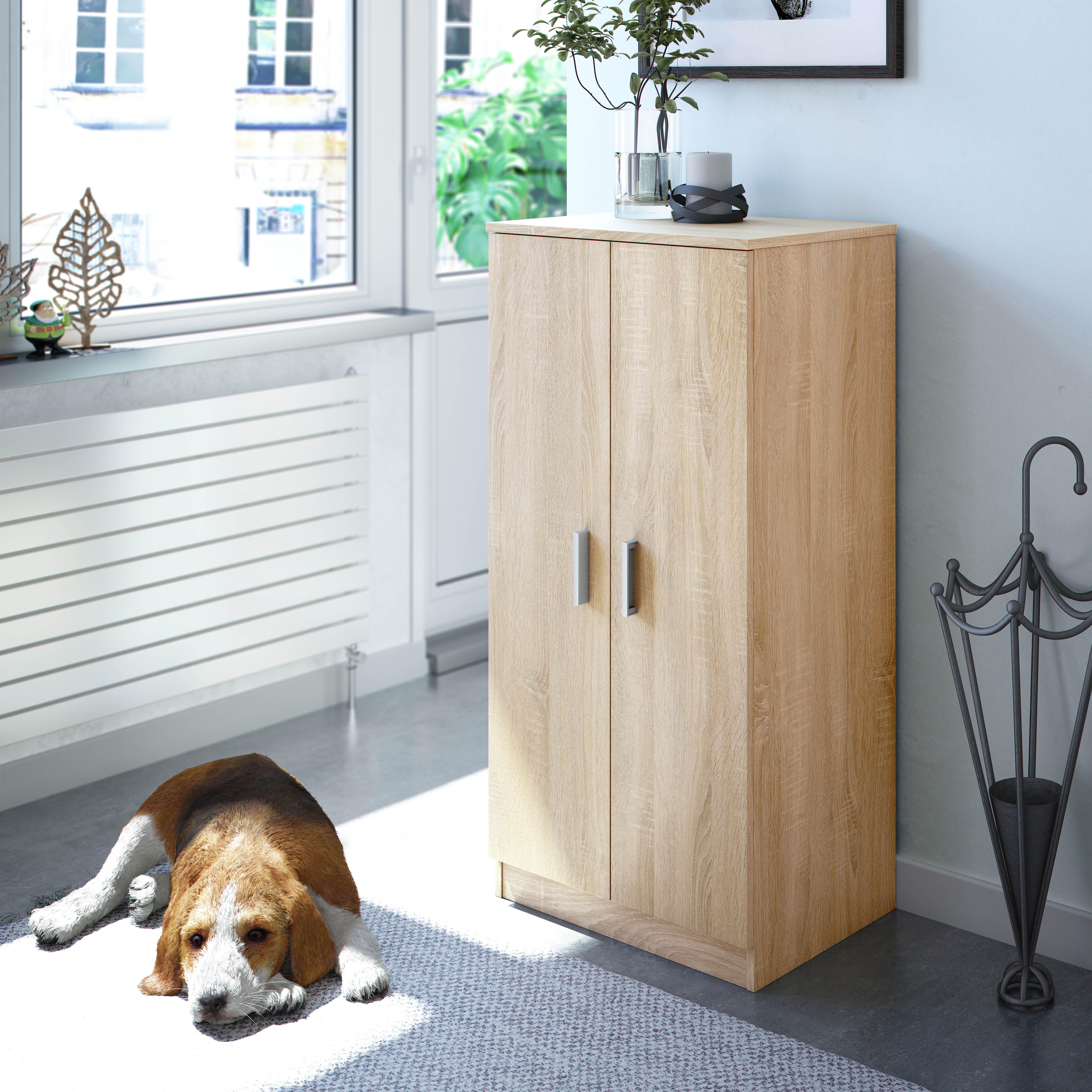 Zapatero Milo con 2 compartimentos para 21 pares en melamina color roble natural 55x108x36 cm - 3