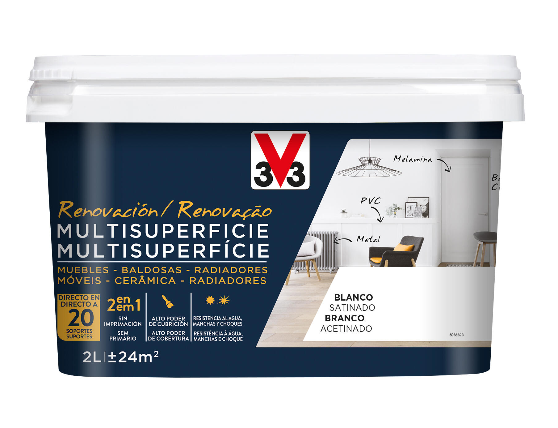 Esmalte de interior renovación multisuperficie v33 color blanco satinado 2l para muebles, puertas, paredes, azulejos, radiadores, carpintería y más