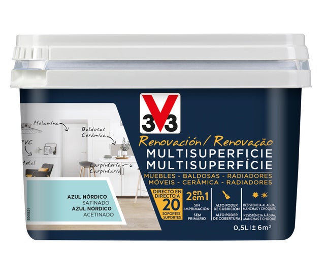 Esmalte de interior renovación multisuperficie V33 color azul nórdico satinado 500ml para muebles, puertas, paredes, azulejos, radiadores, carpintería y mobiliario