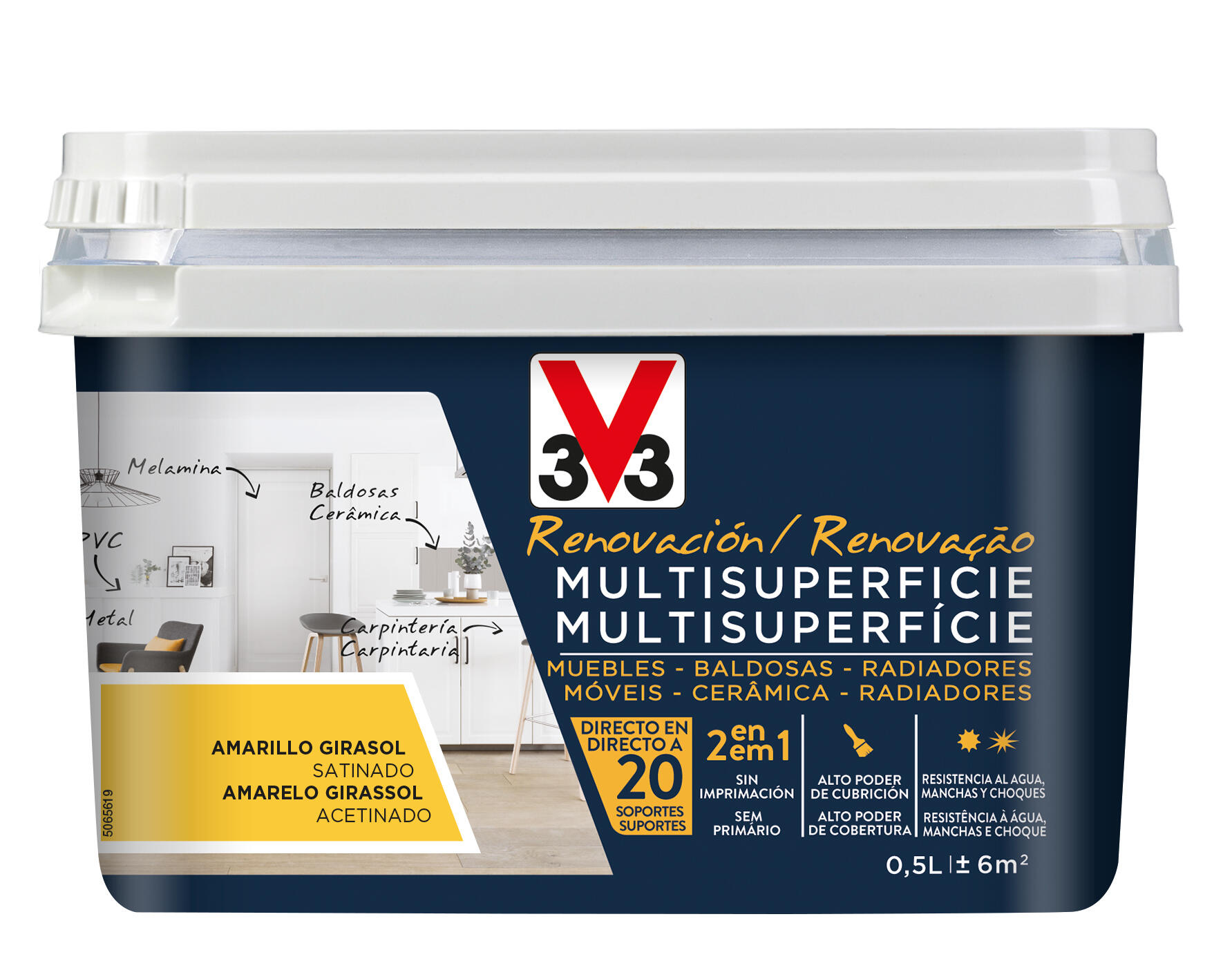 Esmalte de interior renovación multisuperficie V33 color amarillo girasol satinado 500ml para muebles, puertas, paredes, azulejos, radiadores, carpintería y mobiliario - 2