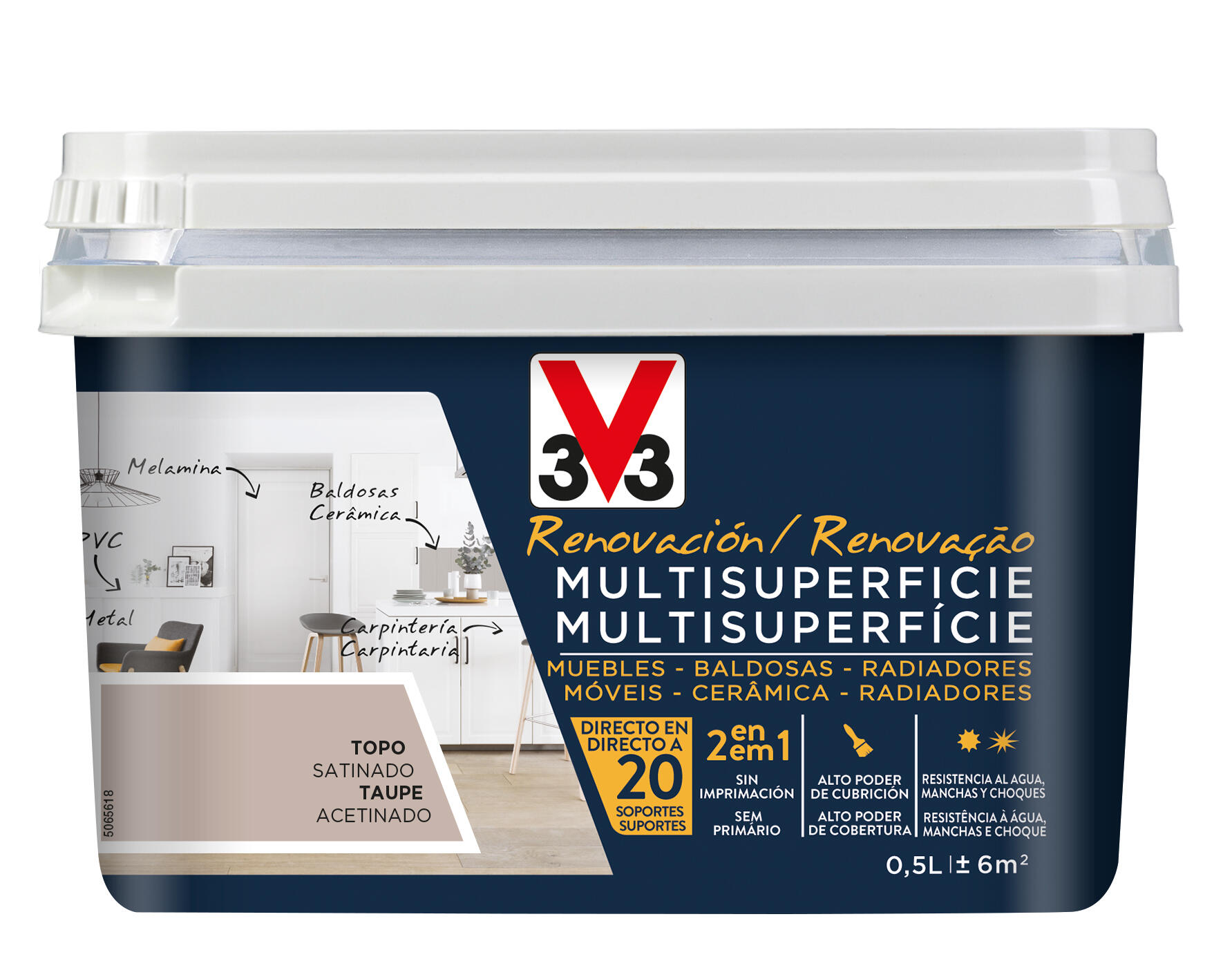 Esmalte de interior renovación multisuperficie v33 color topo satinado 500ml para radiadores, paredes, muebles y cerámica
