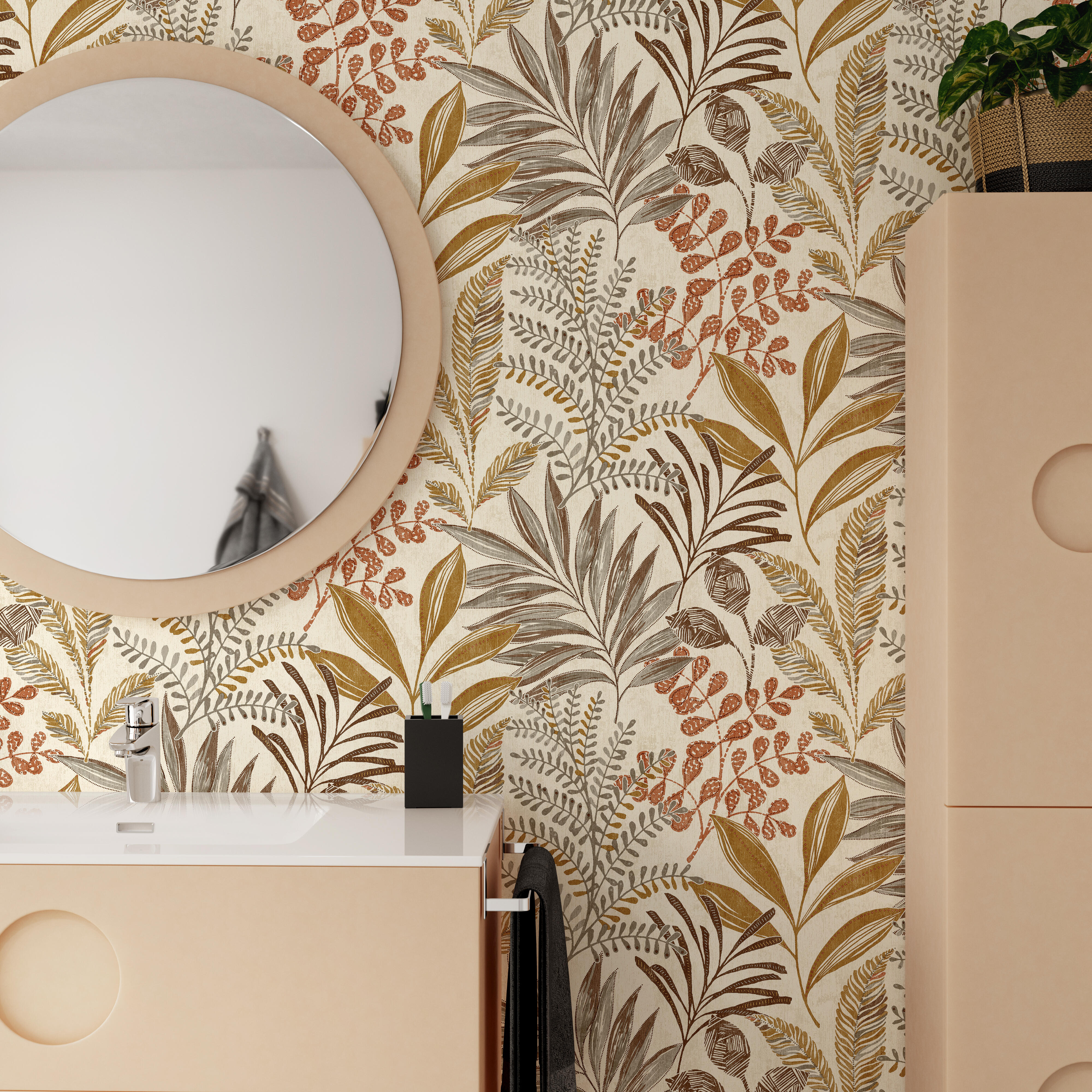 Papel pintado vinilo aplicación cola en pared Naturaleza Jardín ocre amarillo  GRANDECO 53cmx10.06m lavable - 7