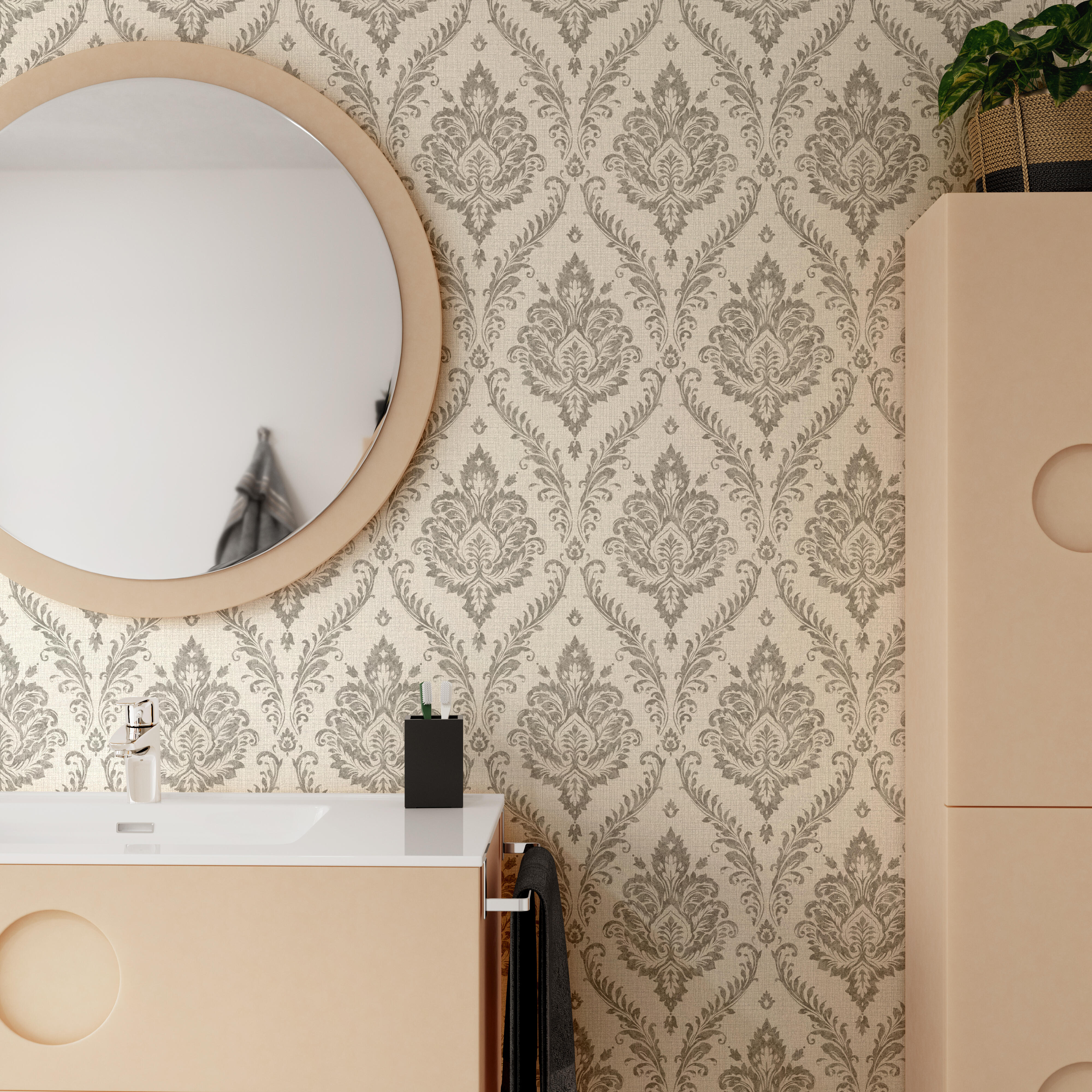 Papel pintado vinilo aplicación cola en pared naturaleza damásco elegant gris grandeco 53cmx10m fregable