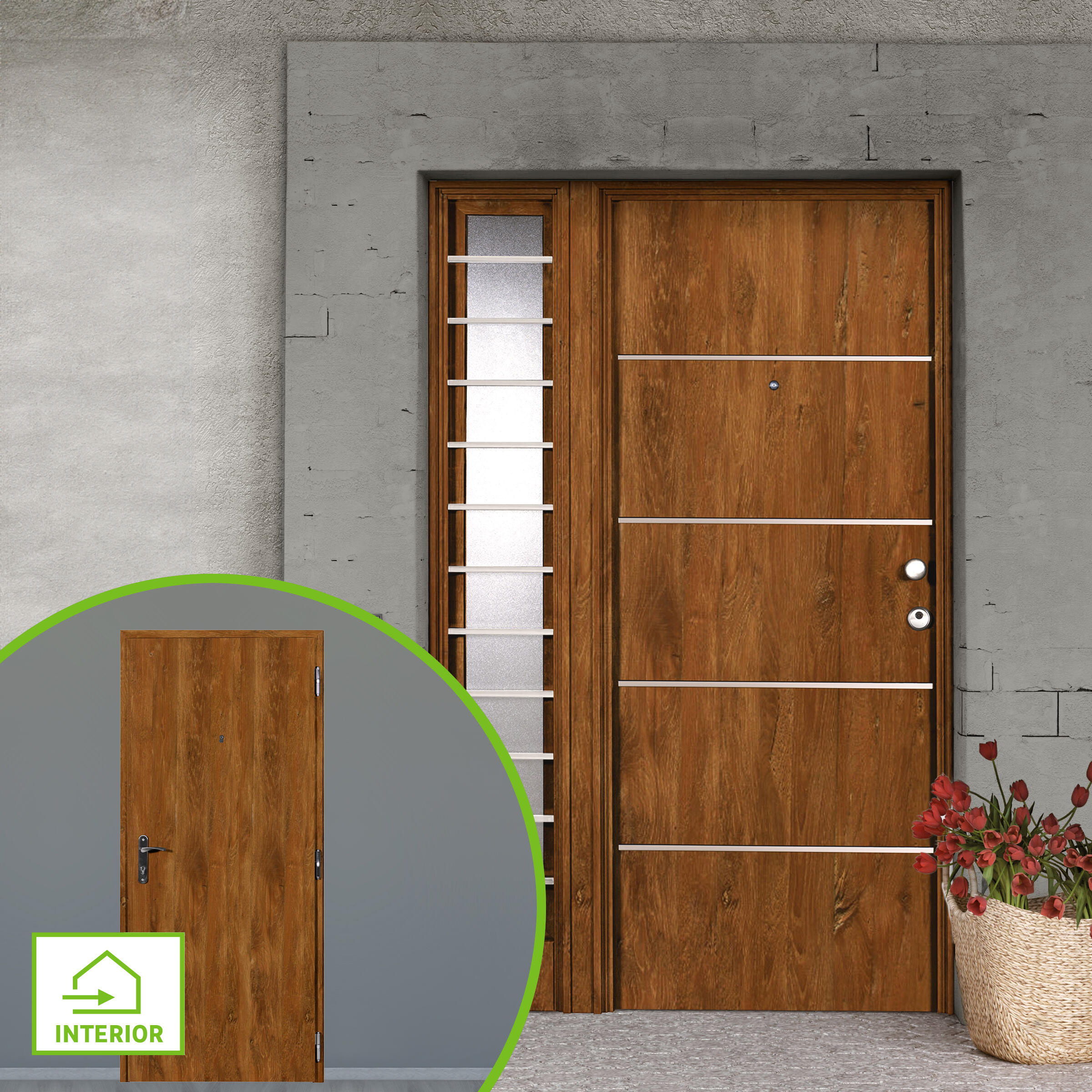 Puerta de entrada metálica Inserciones inox fresada nogal /interior liso nogal apertura izquierda 209x93cm - 10
