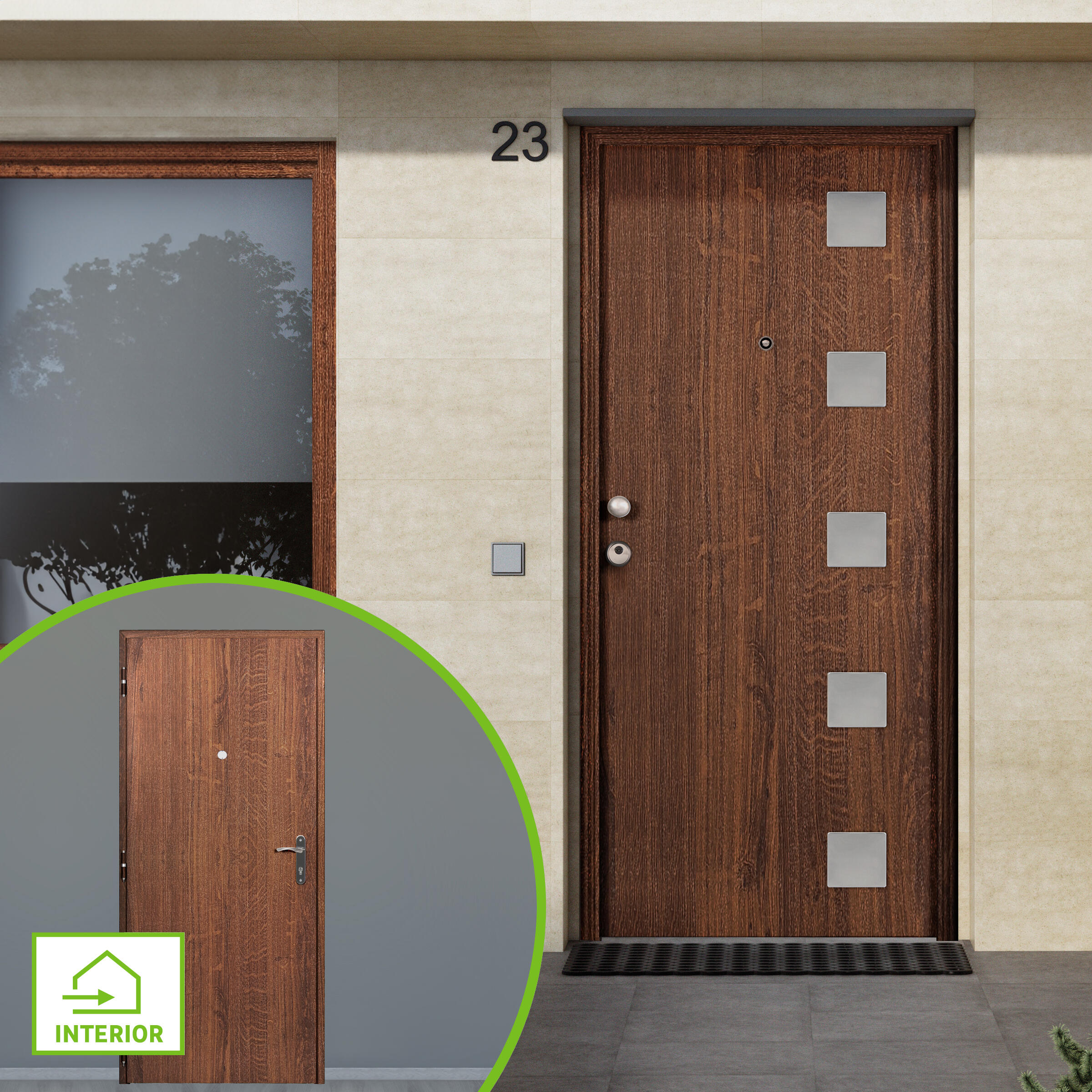 Puerta de entrada metálica serie basic metal cuadros laterales nogal /interior liso nogal apertura derecha 209x93cm