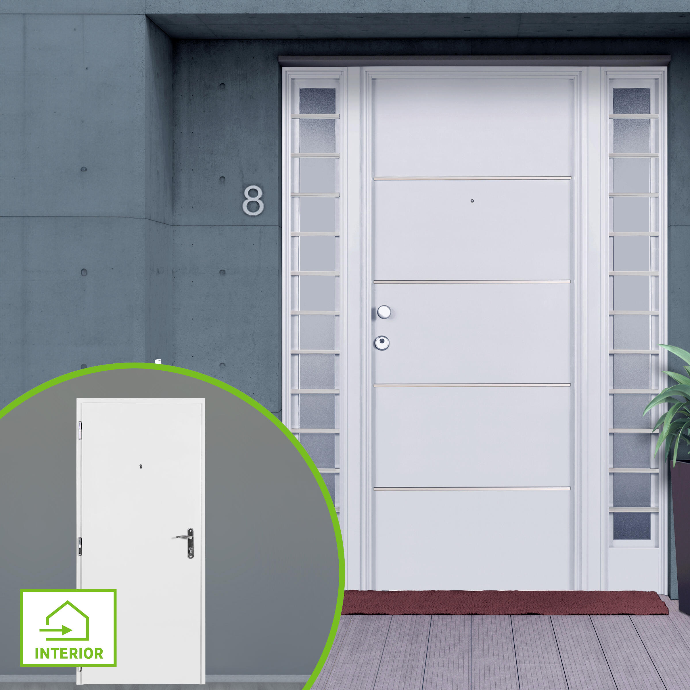 Puerta de entrada metálica inserciones inox fresada blanco /interior liso blanco apertura derecha 209x93cm