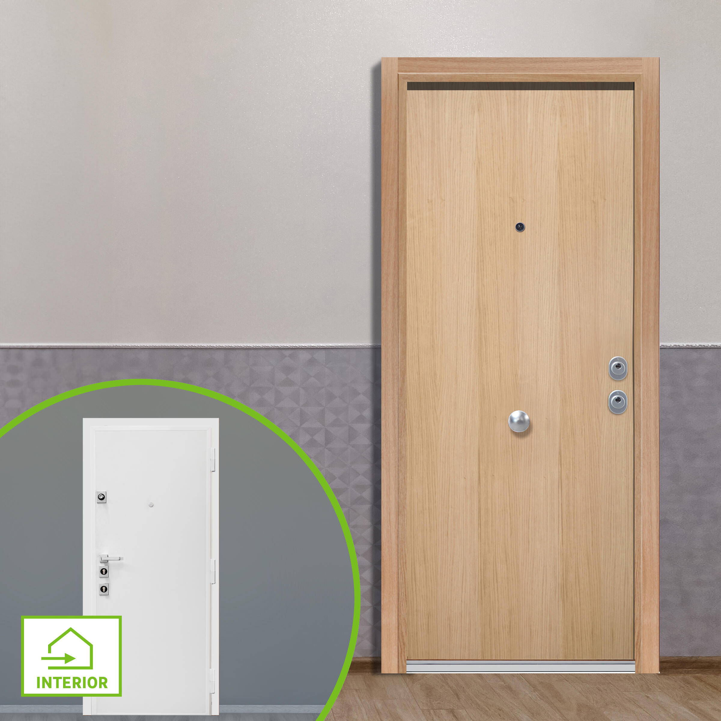 Puerta de entrada acorazada serie silver 2,0 liso roble / interior liso blanco apertura izquierda 208x90.3cm