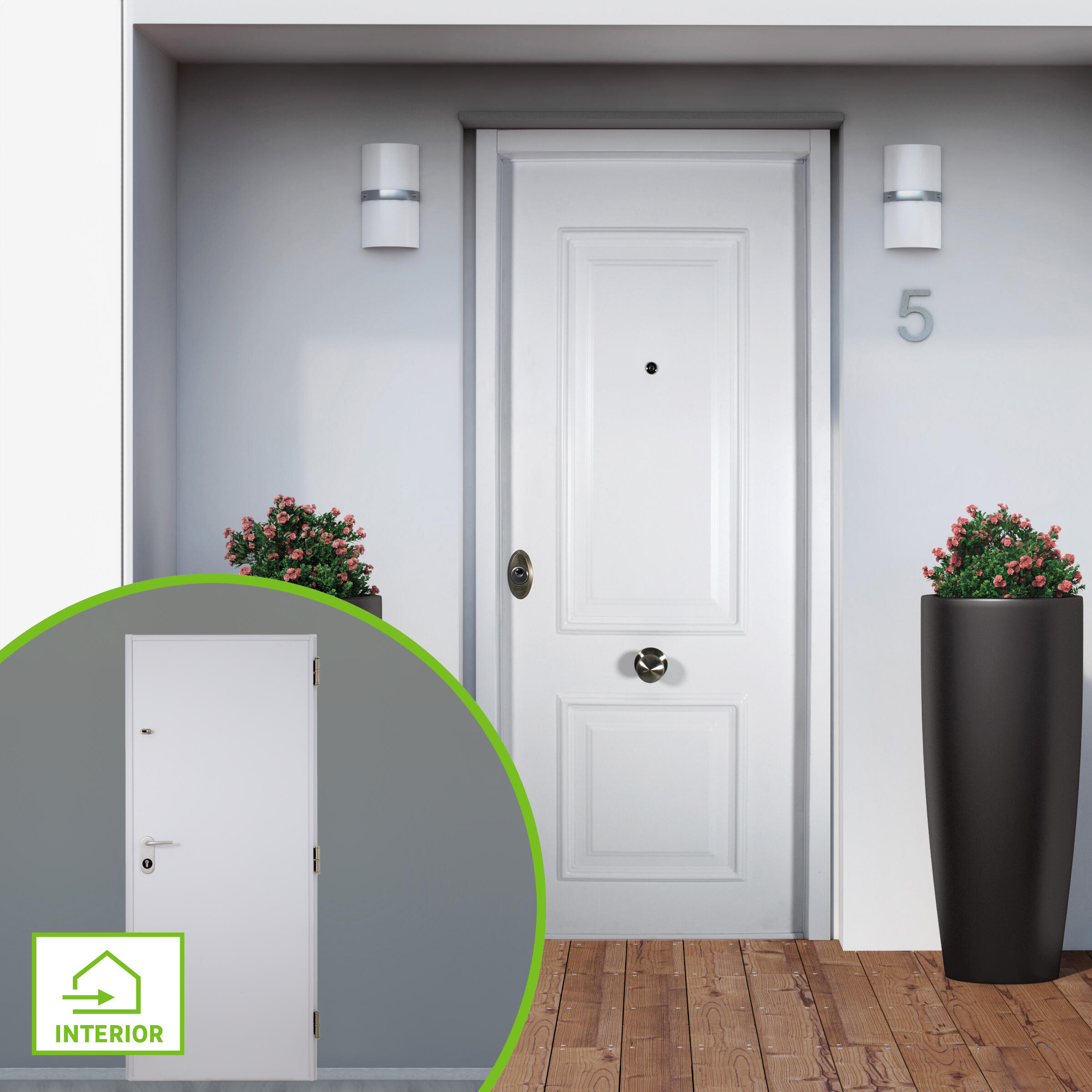 Puerta de entrada acorazada serie v dos cuadros blanco / interior liso blanco apertura derecha 206x89cm