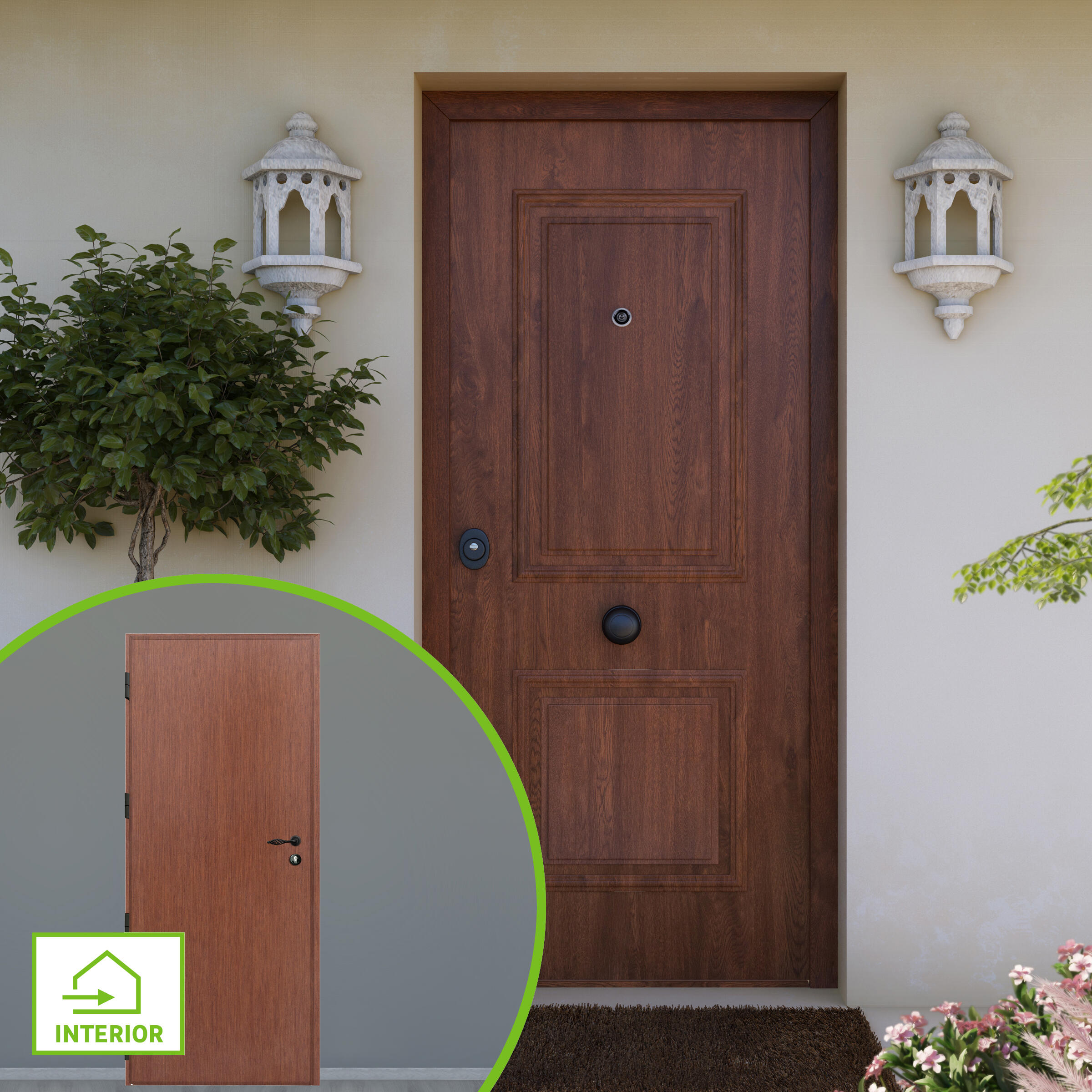 Puerta de entrada acorazada serie 3101 dos cuadros nogal / interior liso nogal apertura derecha 208x90.3cm