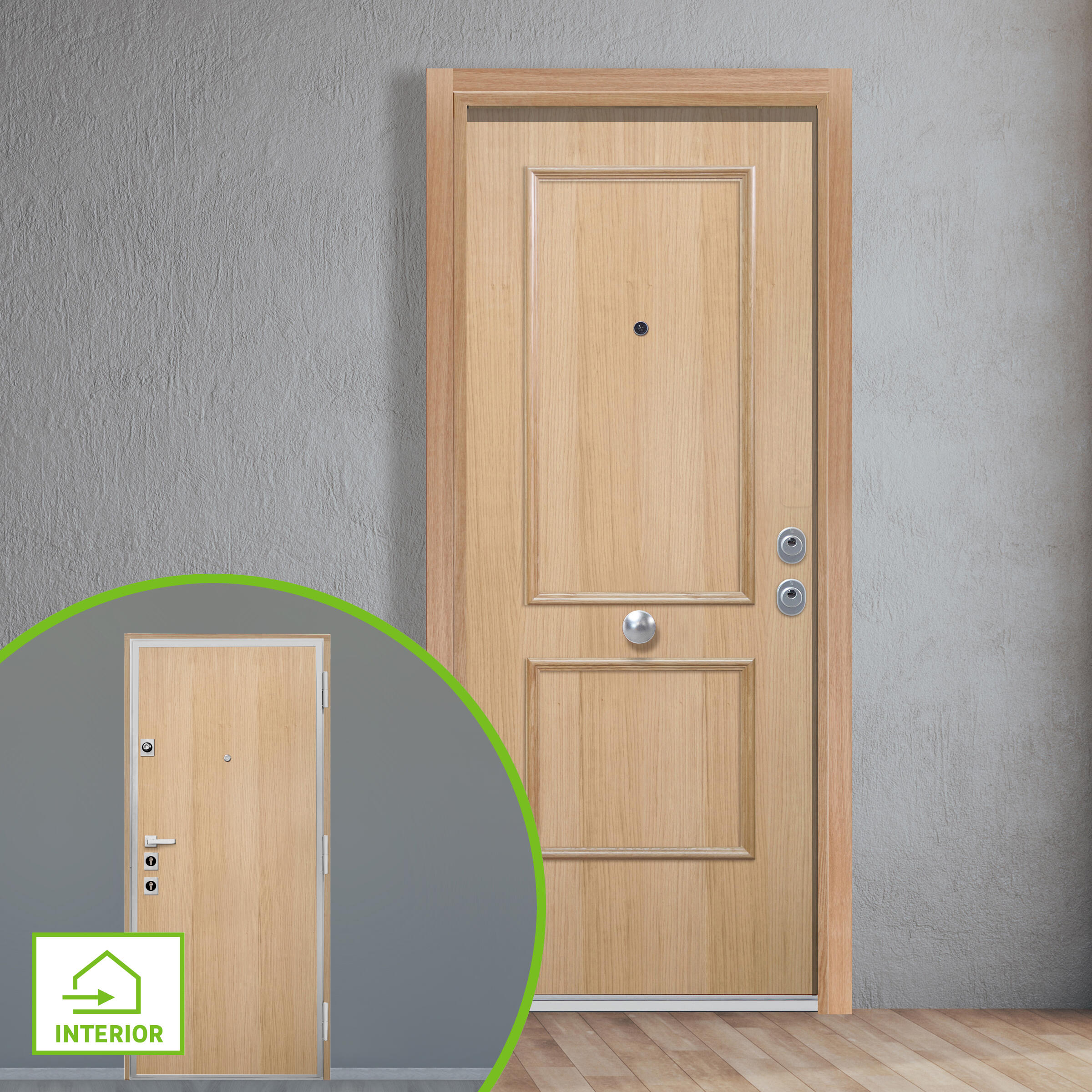 Puerta de entrada acorazada serie silver 2,0 dos cuadros roble / interior liso roble apertura izquierda 208x90.3cm