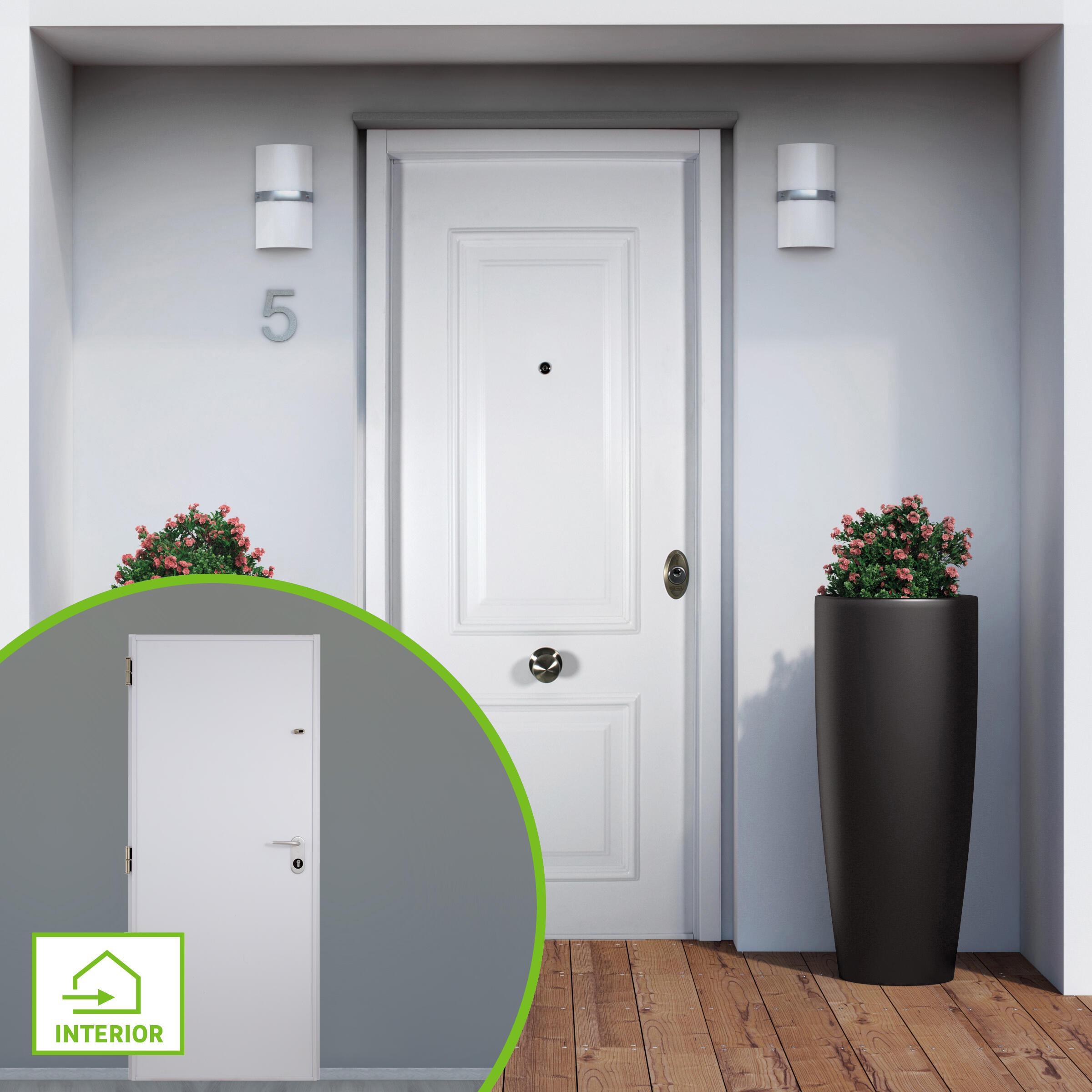 Puerta de entrada acorazada serie v dos cuadros blanco / interior liso blanco apertura izquierda 206x89cm