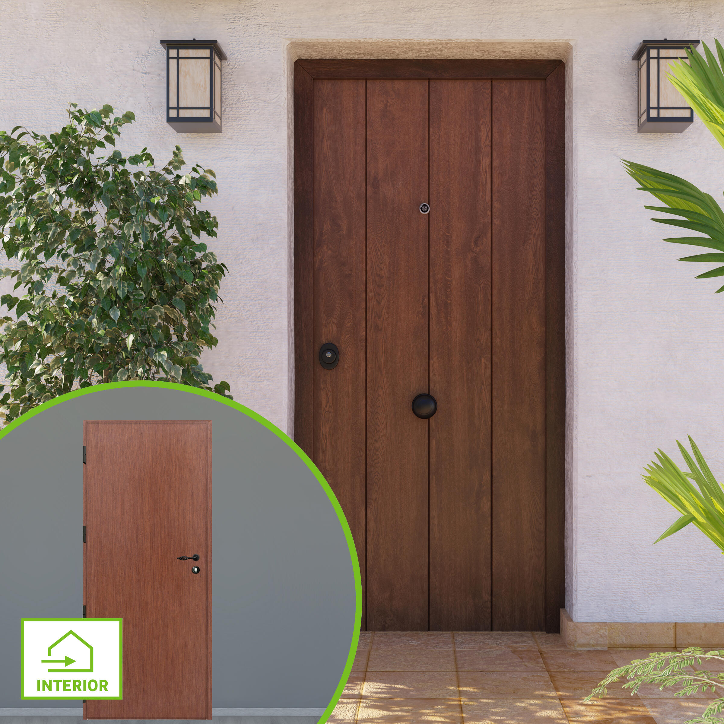 Puerta de entrada acorazada serie 3101 rayado vertical nogal / interior fresada nogal apertura derecha 209x93cm