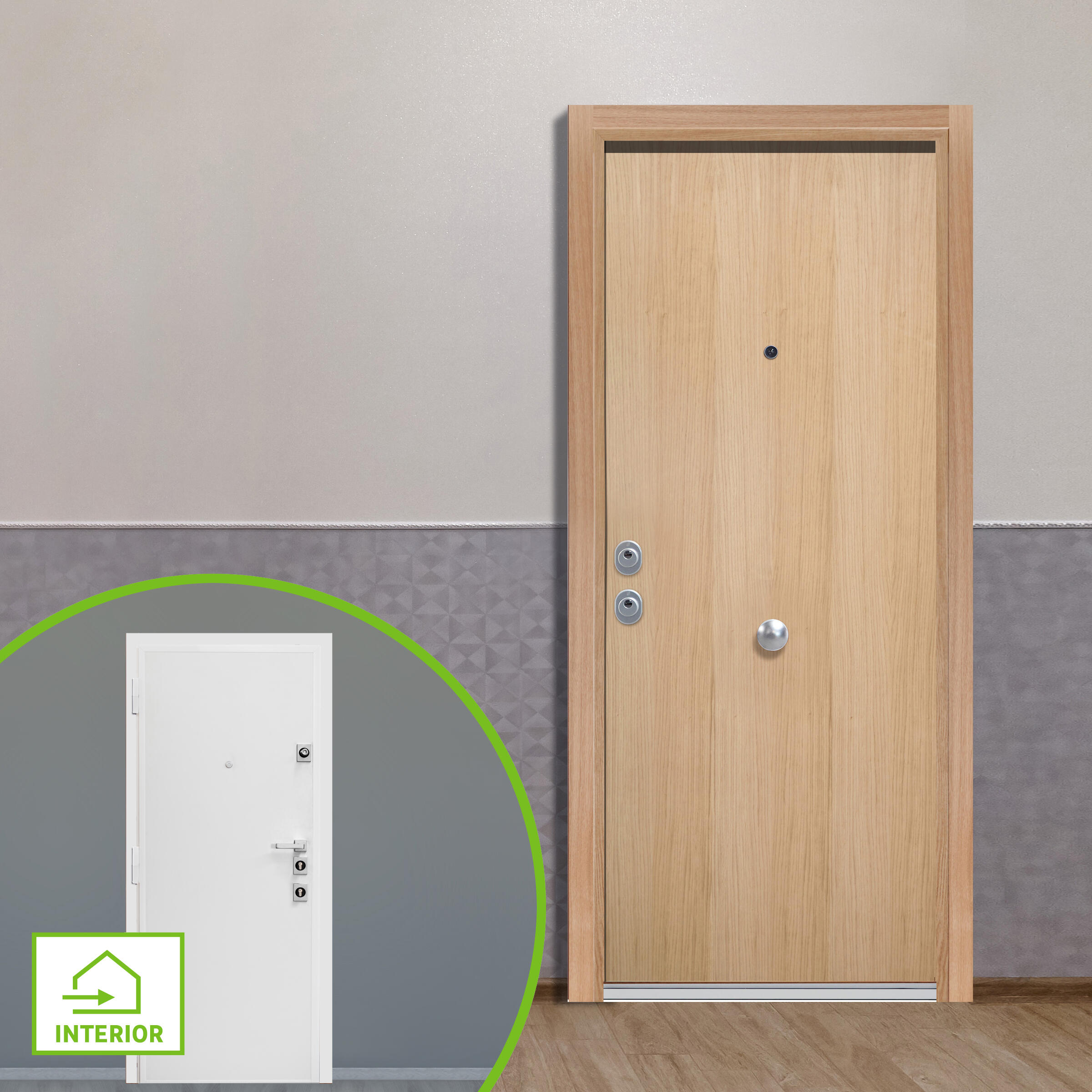 Puerta de entrada acorazada serie silver 2,0 liso roble / interior liso blanco apertura derecha 208x90.3cm
