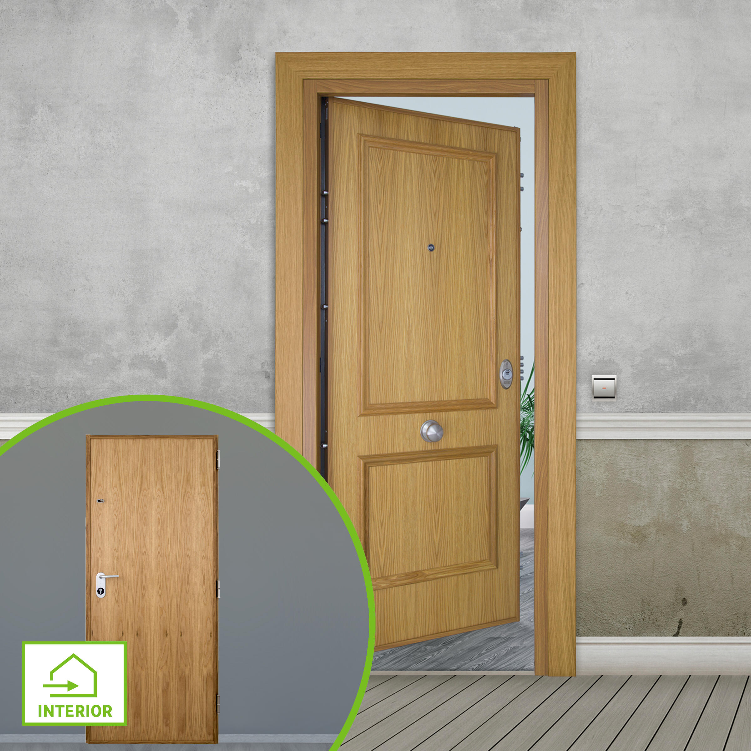 Puerta de entrada acorazada serie v dos cuadros roble / interior liso roble apertura izquierda 206x89cm