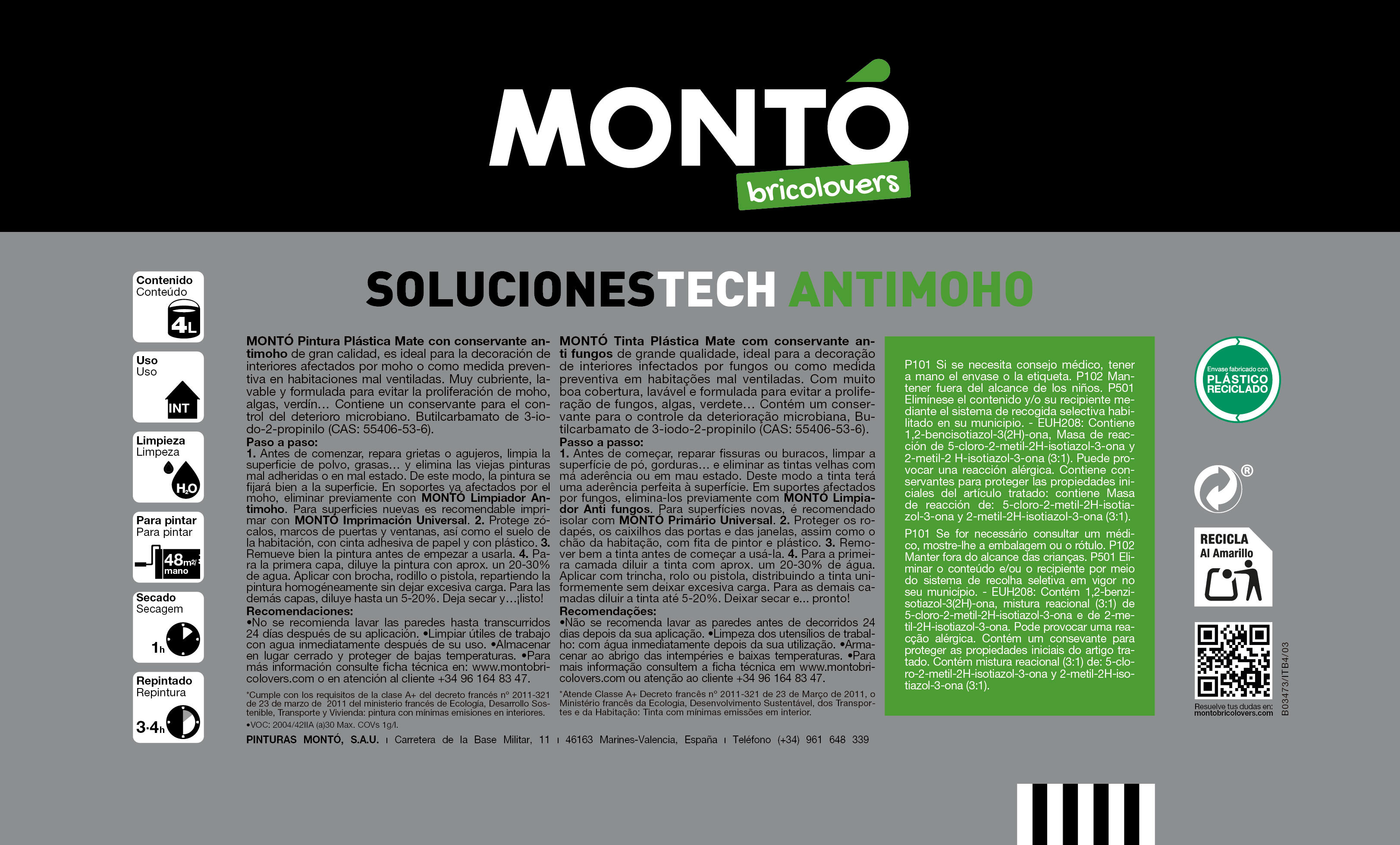 Pintura de interior Extra antimoho MONTO color blanco 4L para paredes y techos - 4