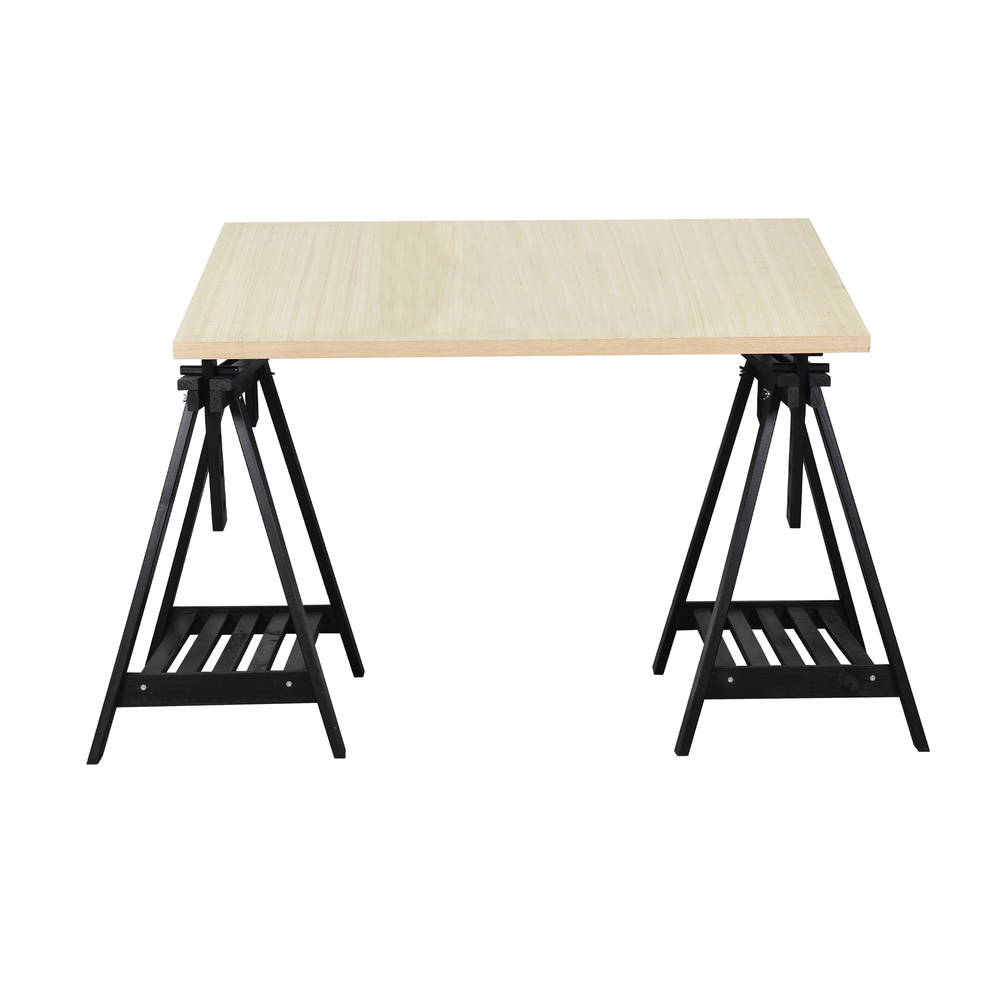 Mesa con tablero de 3,5 cm de grosor con borriquetas de hierro