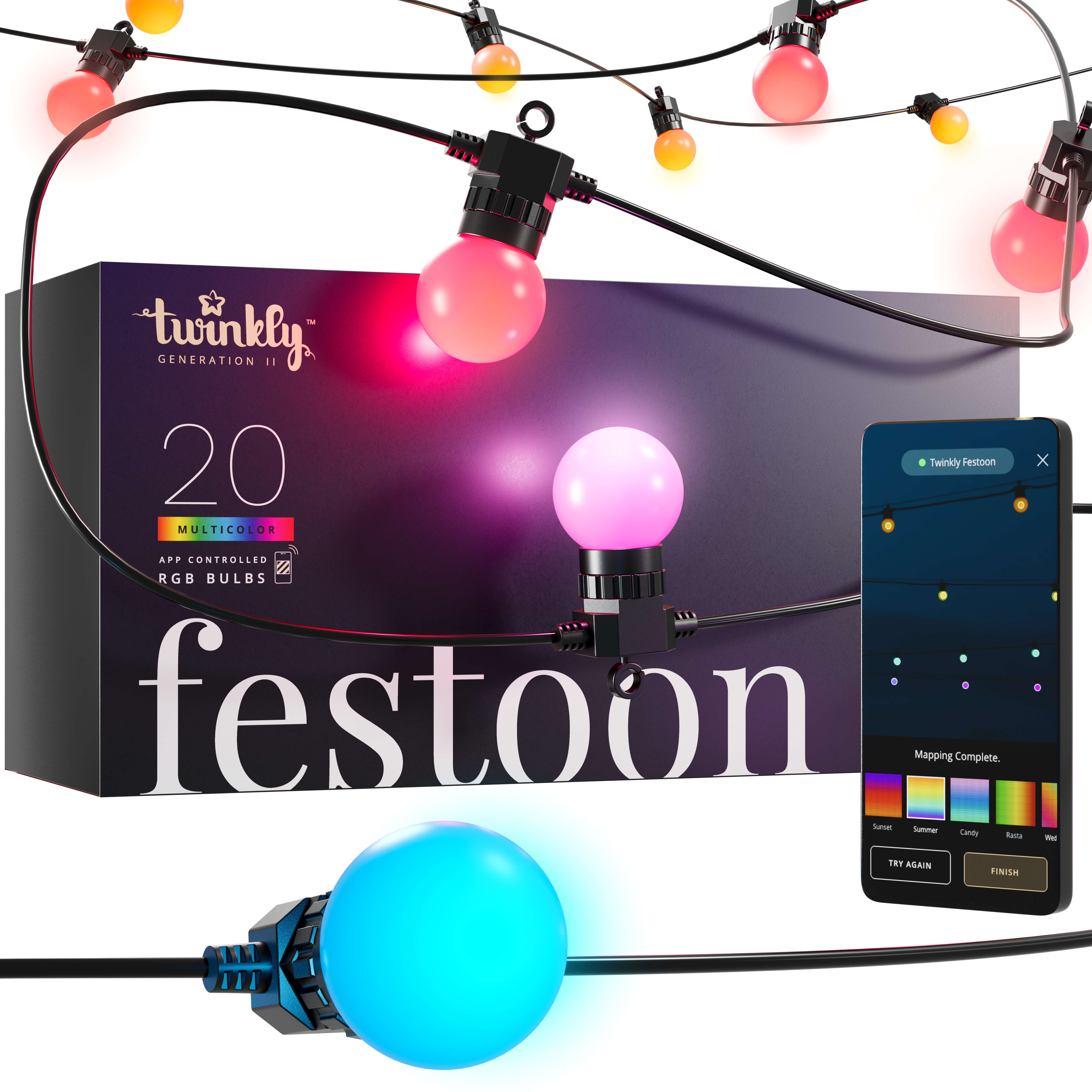 Guirlande extérieure 20 ampoules LED multicouleur Festoon TWINKLY - 2