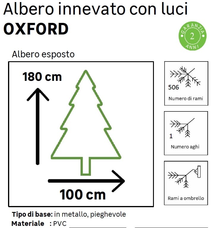 Albero di Natale artificiale innevato Oxford verde con illuminazione H 180 cm x Ø 100 cm - 2