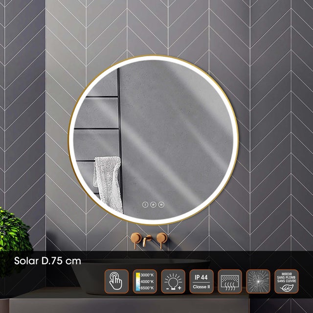 Miroir lumineux antibué rond variation de couleur doré Diam.75 cm Solar