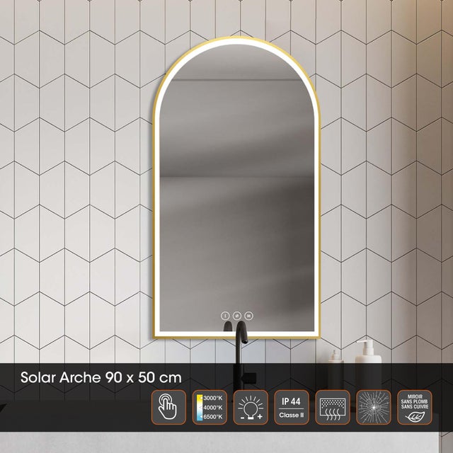 Miroir lumineux arche doré l.50 x H.90 cm Solar, Antibuée, Variateur