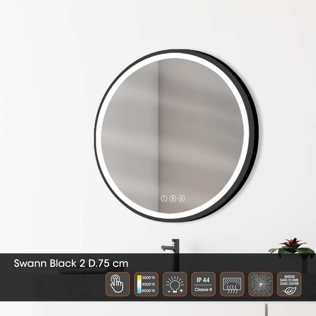 Miroir lumineux antibué rond variation de couleur noir Diam.75 cm Swann