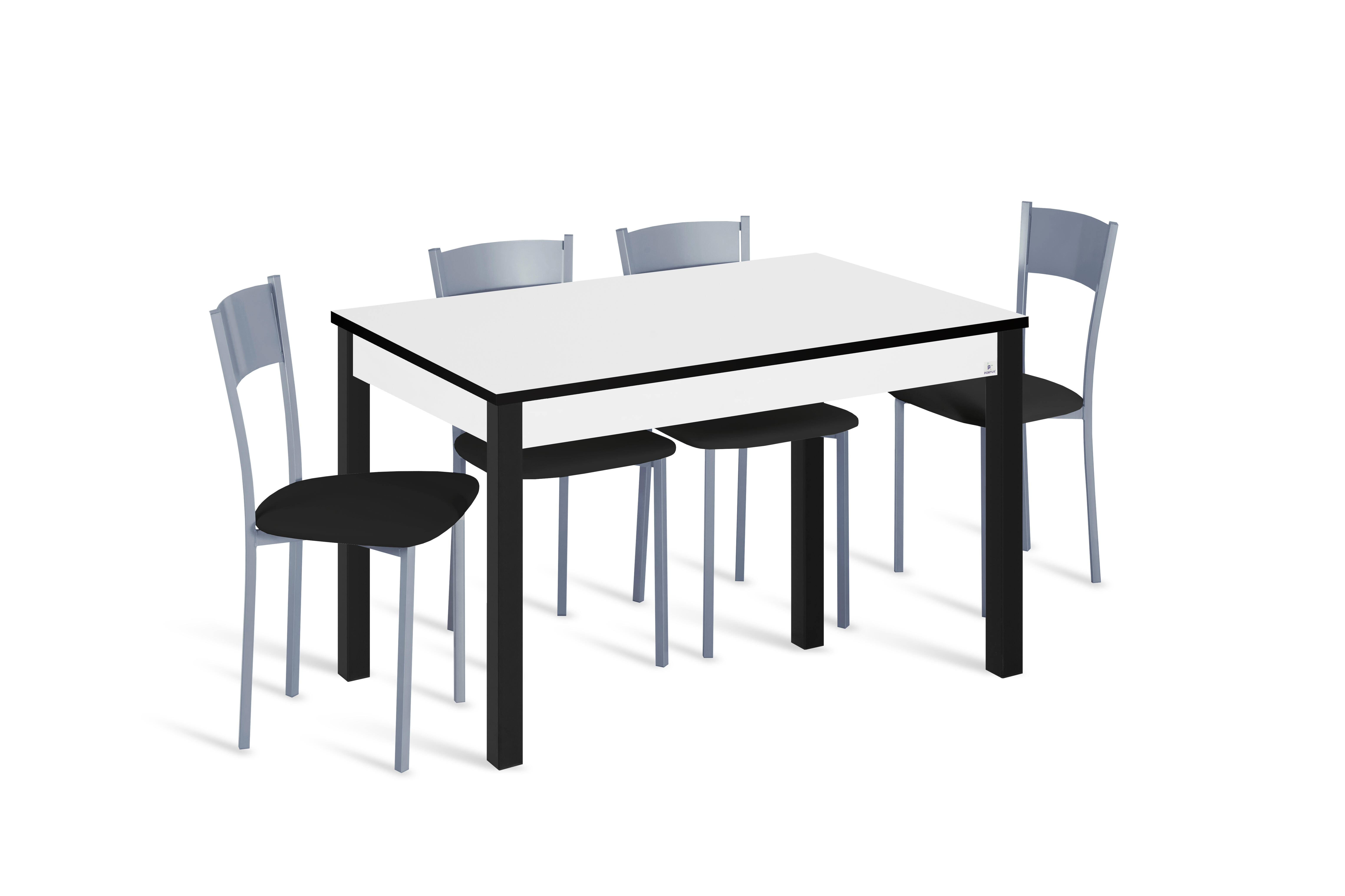 Conjunto de mesa extens. phyna (110-160)x70 bco/neg + 4 sillas asiento neg