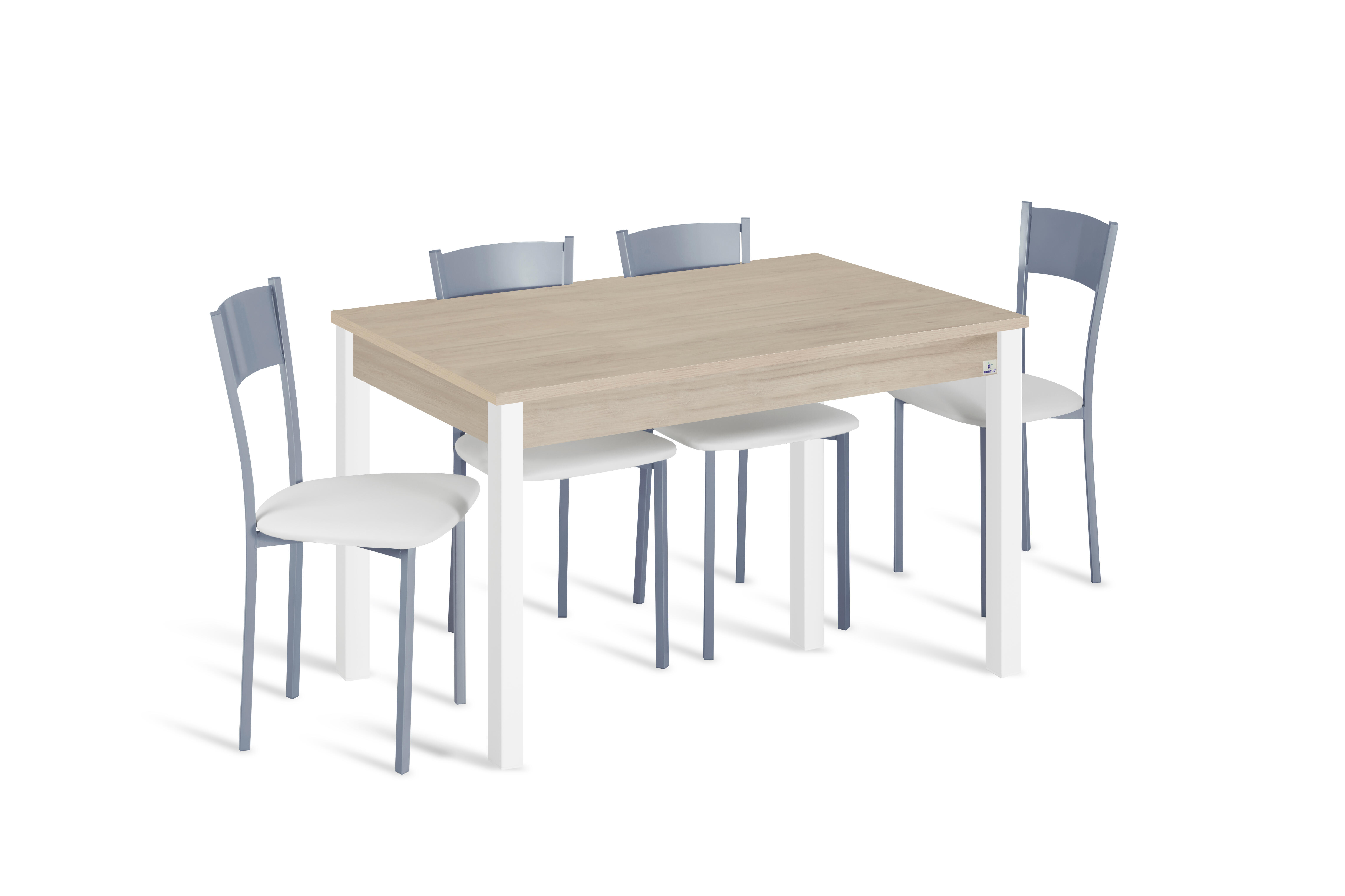 Conjunto de mesa fija syl 110x70 roble/bco + 4 sillas asiento bco