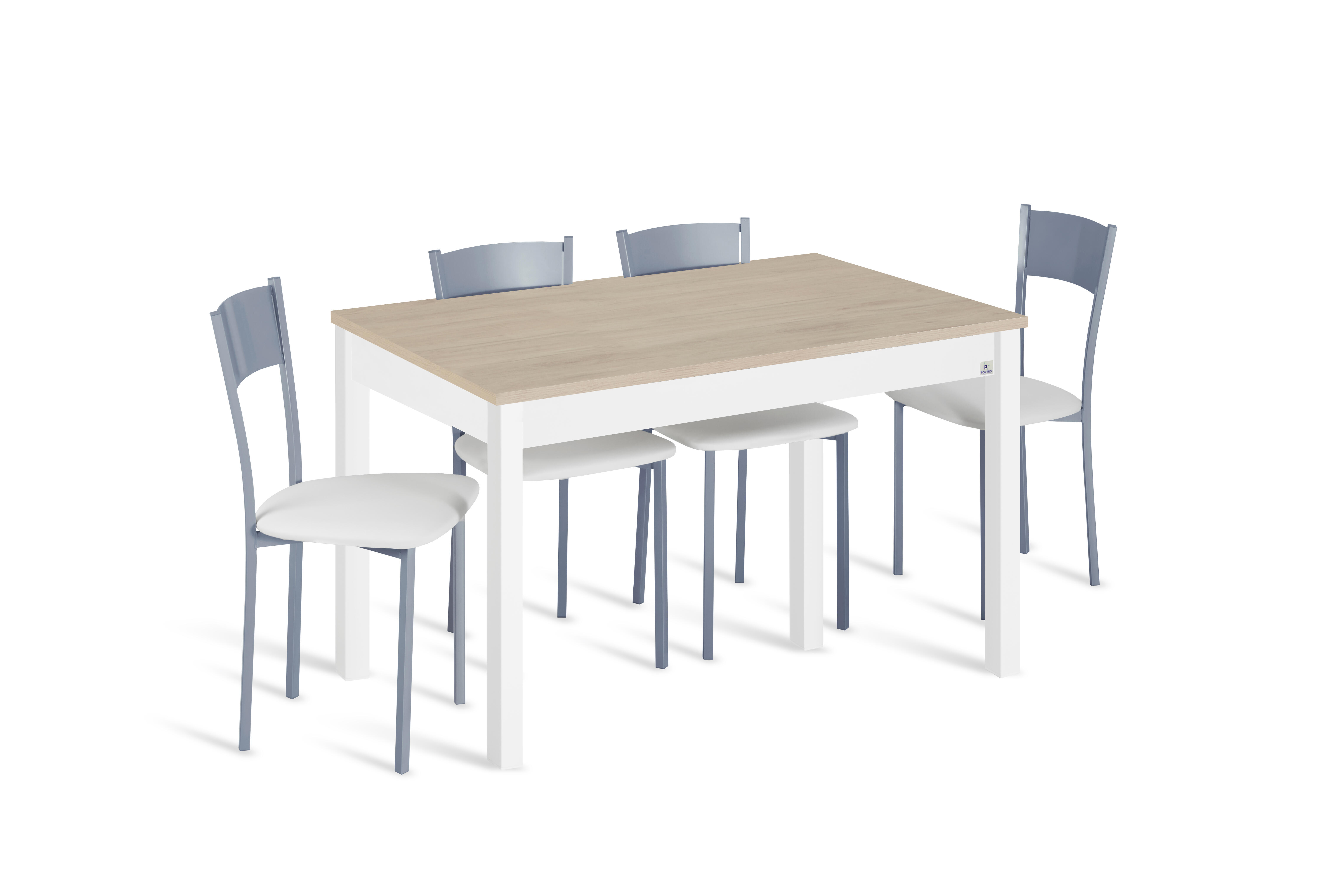 Conjunto de mesa fija syl 110x70 roble/bco + 4 sillas asiento bco