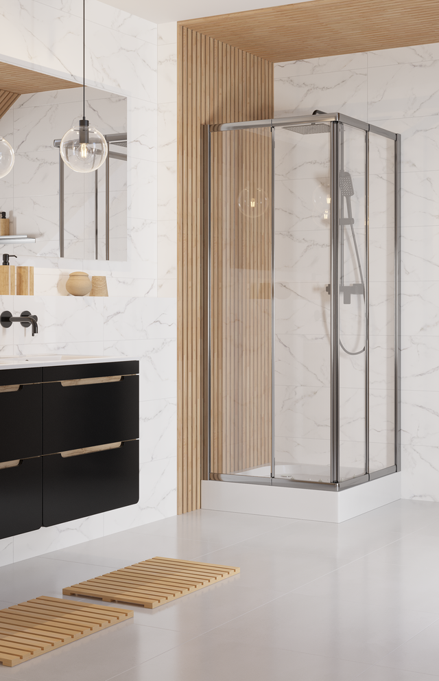 Mampara de ducha corredera transparente Essential perfil cromo (67.5-79)x(67.5-79)x185 cm 4 mm