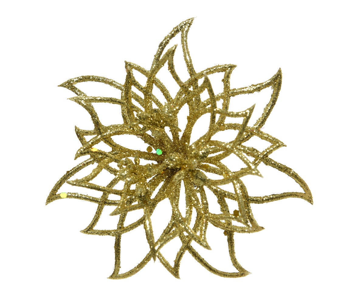 Enfeite clip flor glitter 14 cm dourado - 2