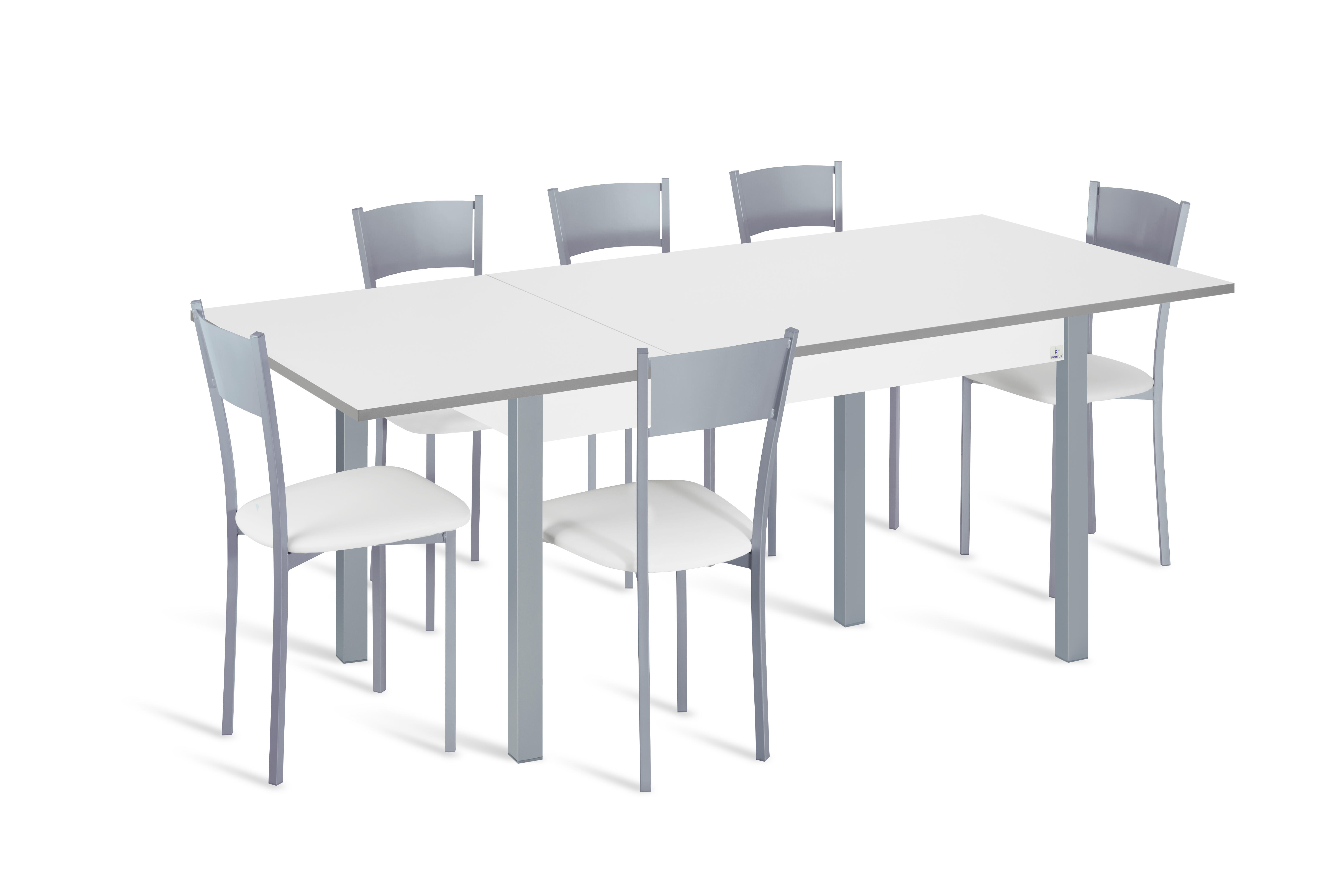 Conjunto de mesa extens. phyna (120-180)x80 bco/gr + 6 sillas asiento bco