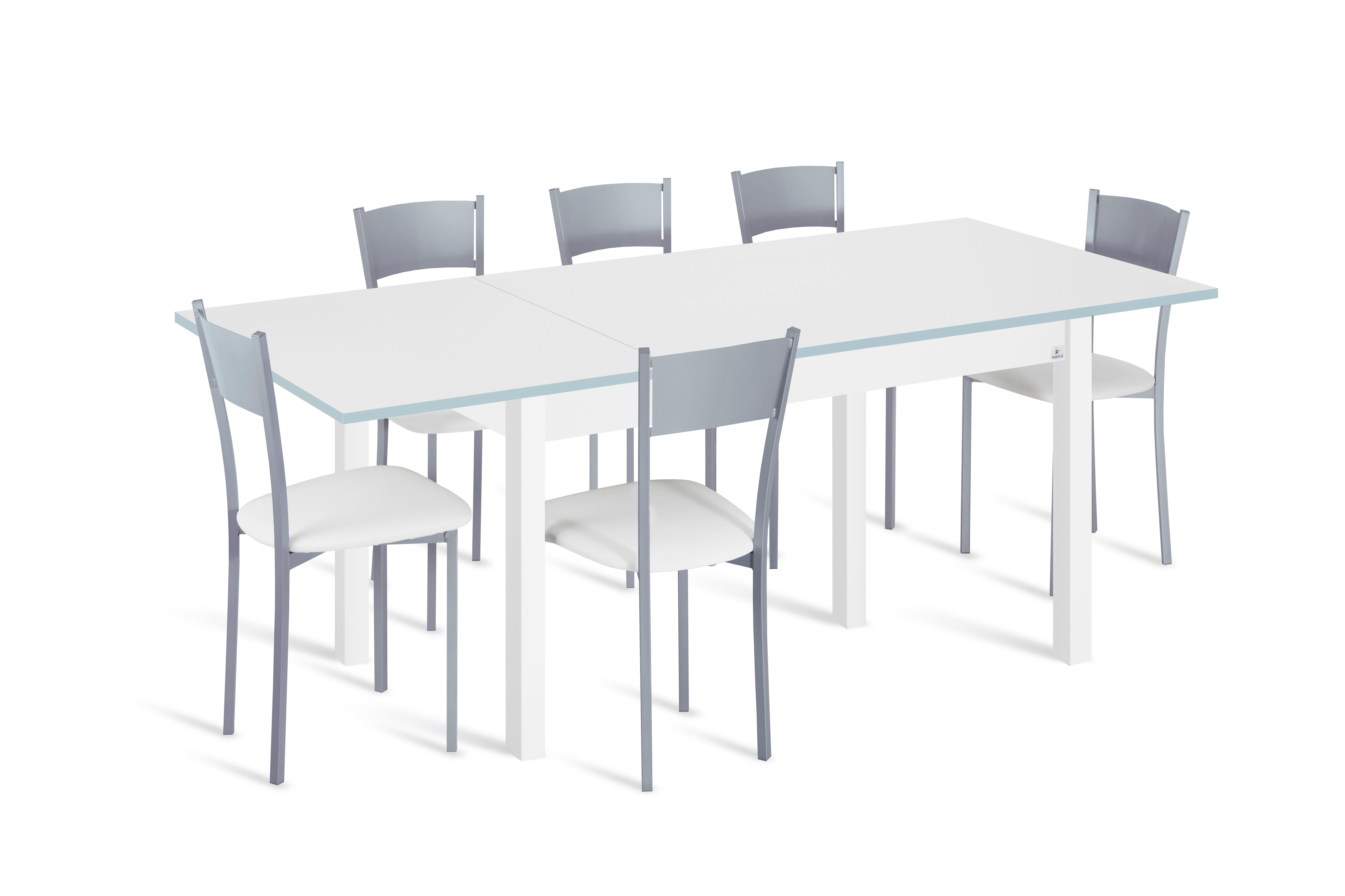 Conjunto de mesa extens. phyna (120-180)x80 bco/bco + 6 sillas asiento bco