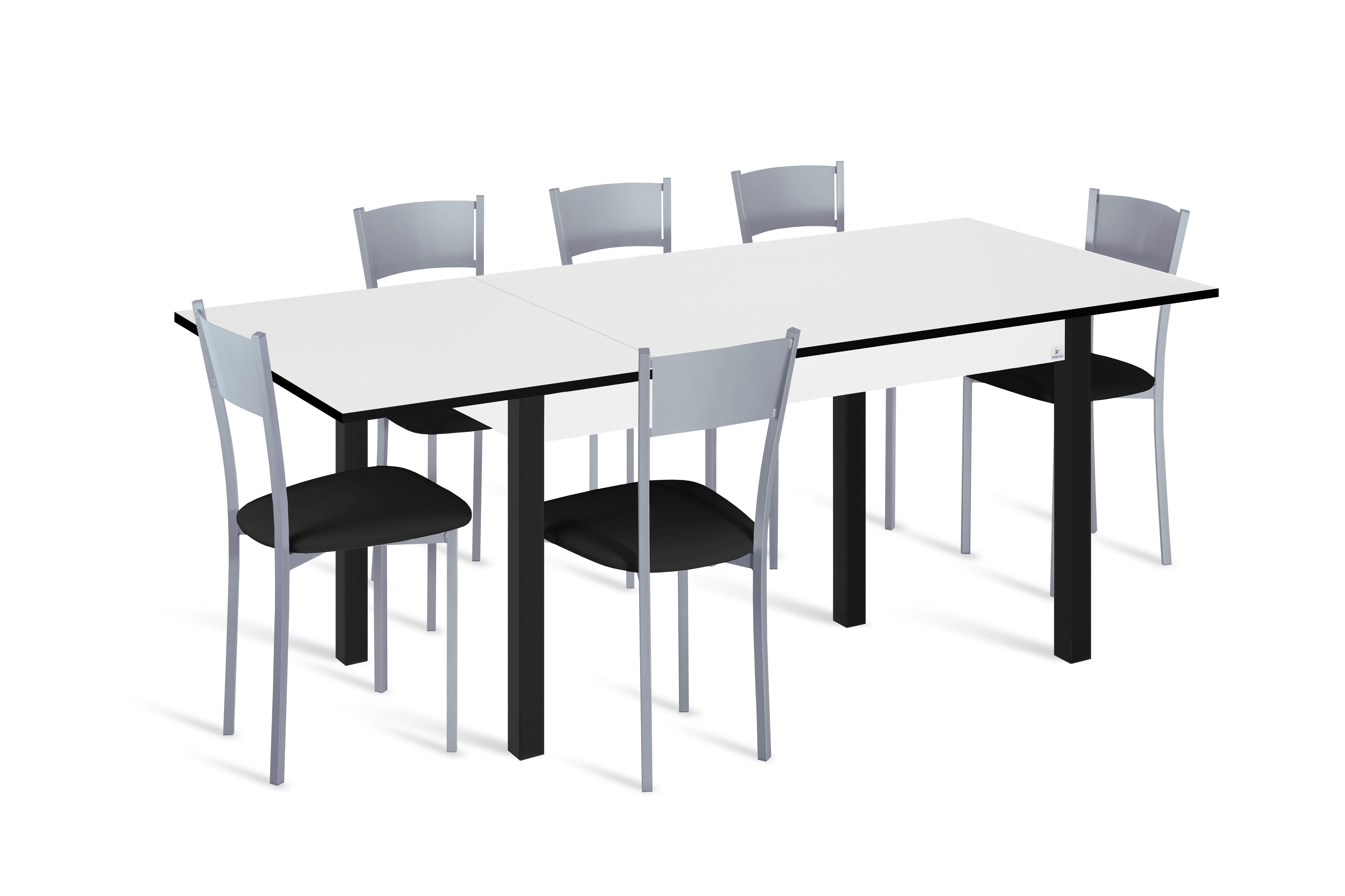 Conjunto de mesa extens. phyna (120-180)x80 bco/neg + 4 sillas asiento neg