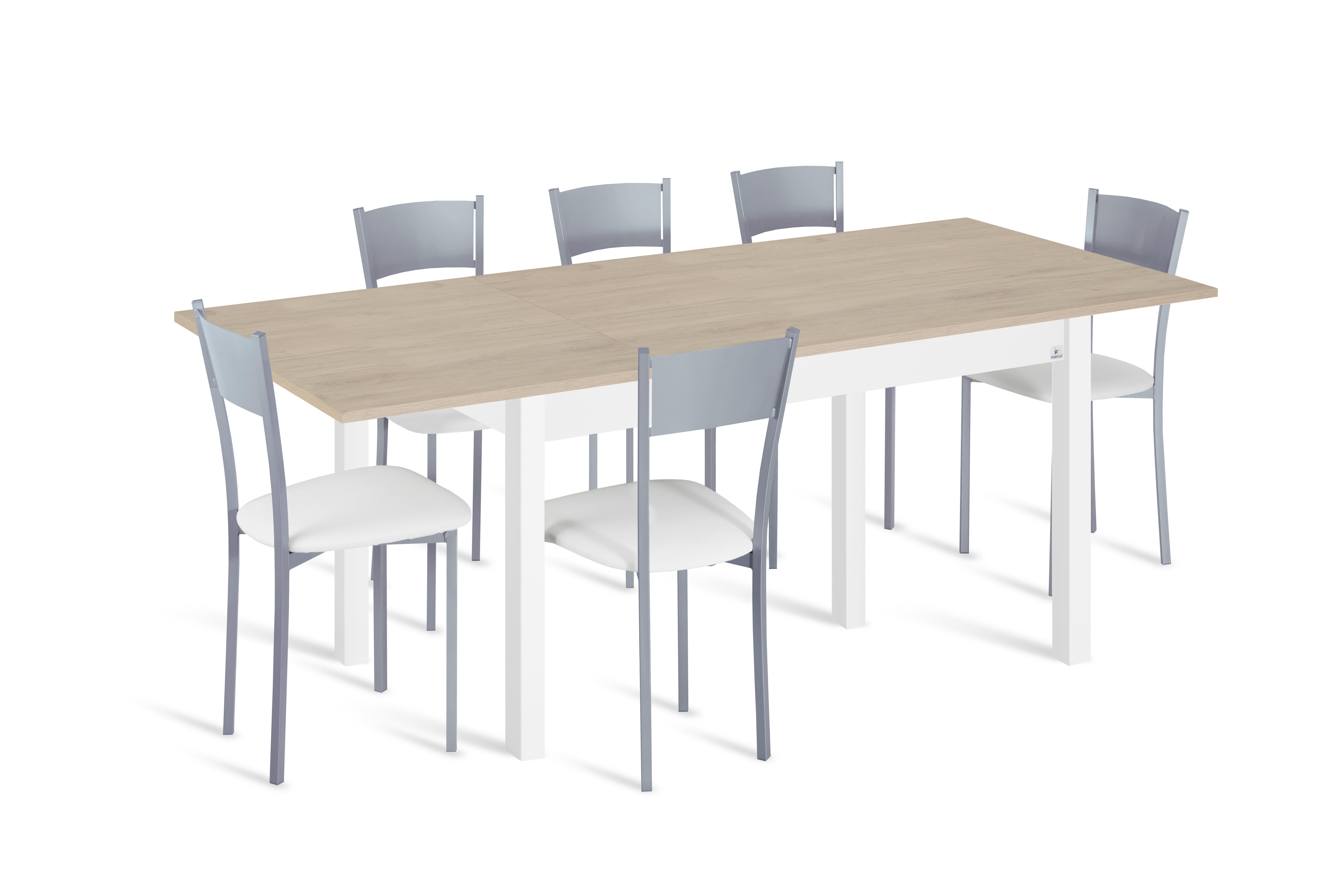 Conjunto de mesa extens. phyna (120-180)x80 roble/bco + 6 sillas asiento bco