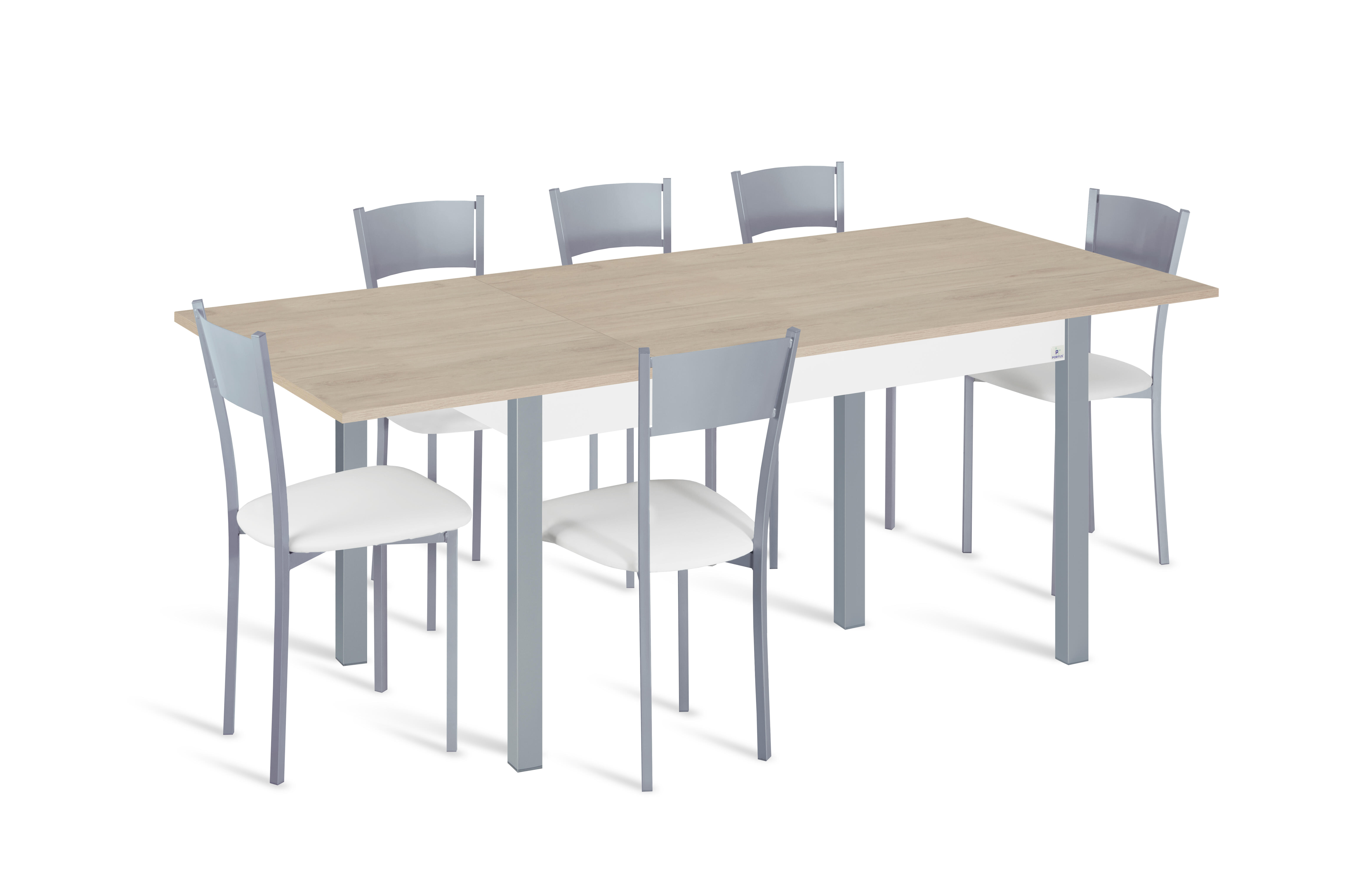 Conjunto de mesa extens. phyna (120-180)x80 roble/gr + 6 sillas asiento bco