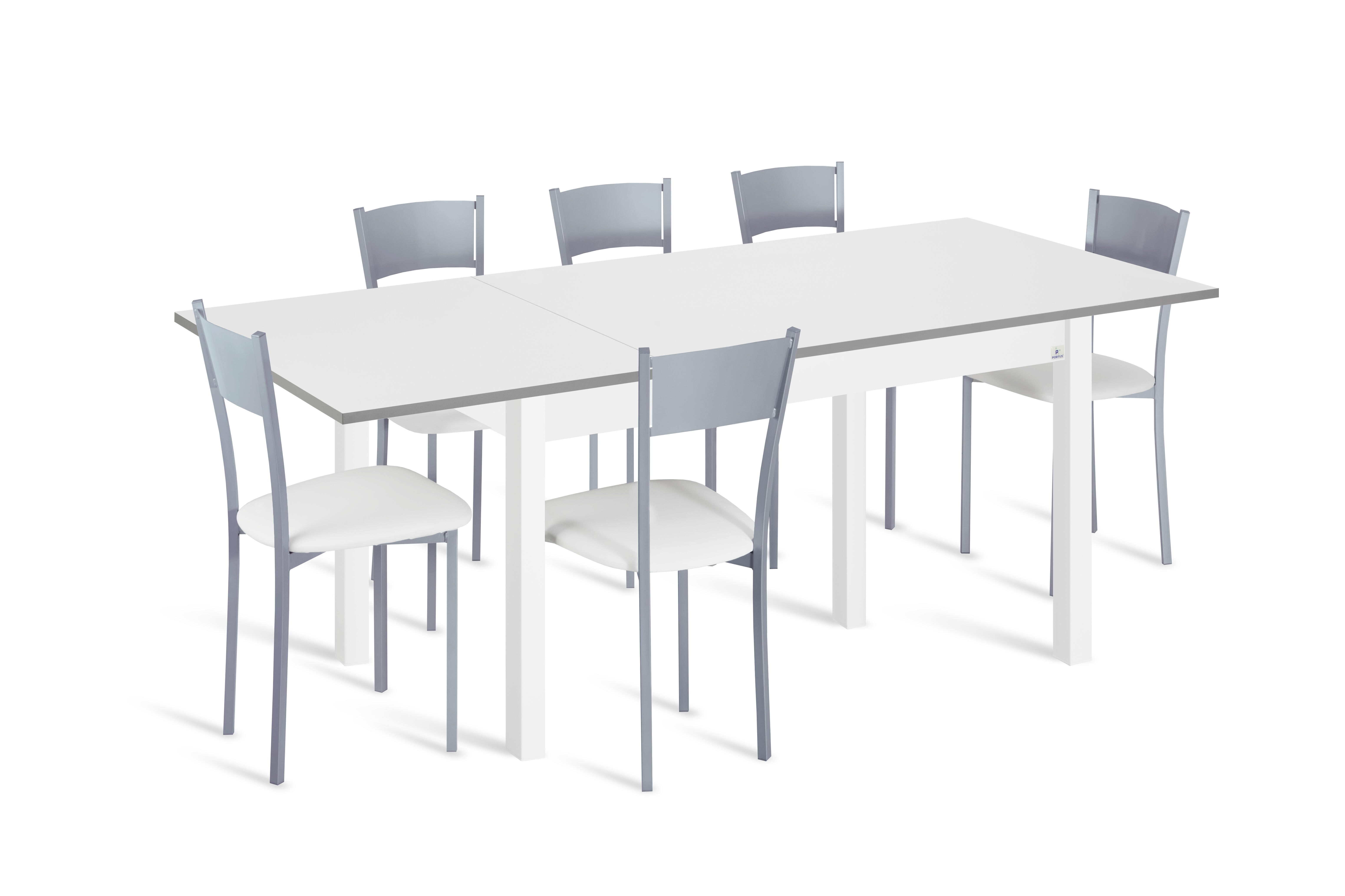 Conjunto de mesa extens. phyna (120-180)x80 bco/bco + 6 sillas asiento bco