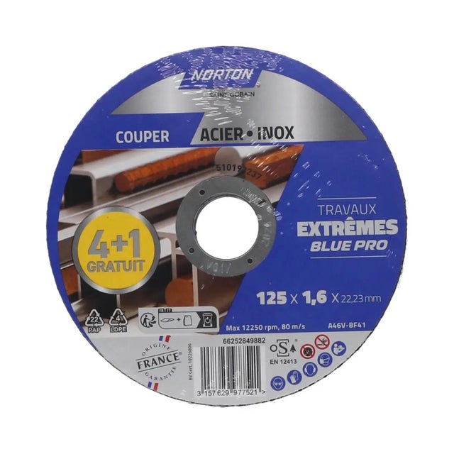 Lot de 5 disques acier pour acier, inox  NORTON, Ø125 mm